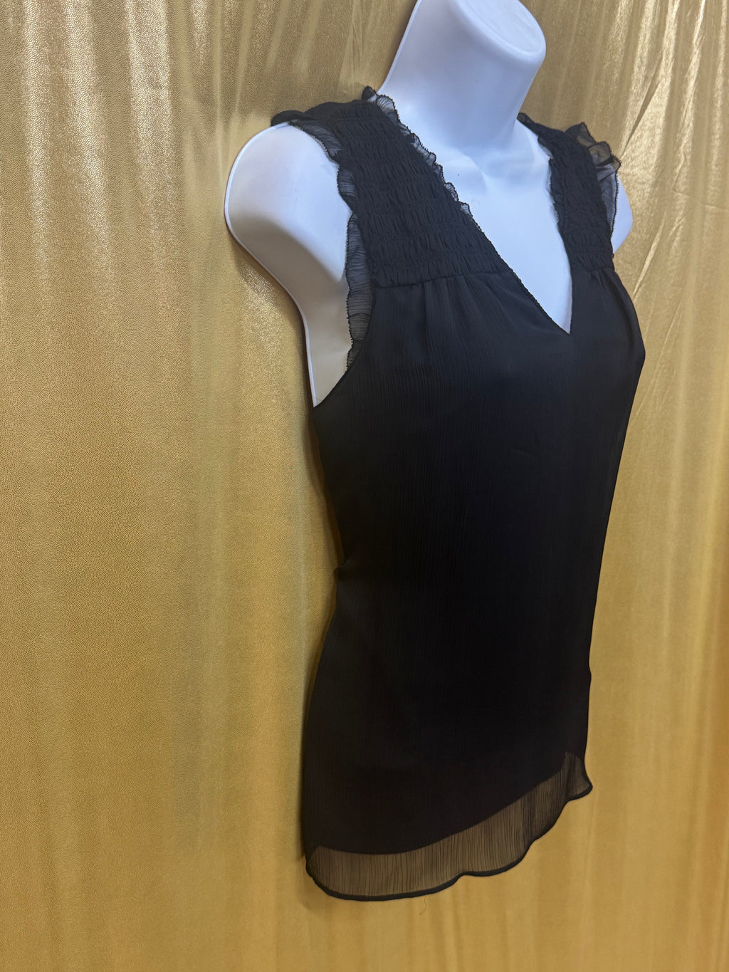 ELLE Black Sleeveless V-Neck Top with Smocked Ruffle Shoulders, Size Small