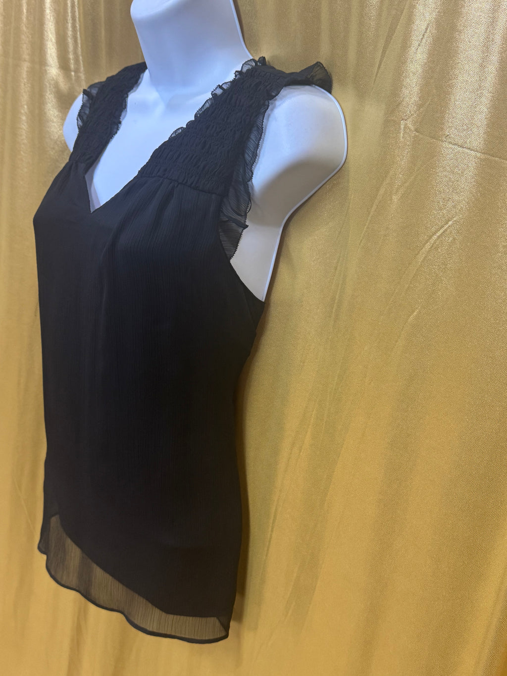 ELLE Black Sleeveless V-Neck Top with Smocked Ruffle Shoulders, Size Small
