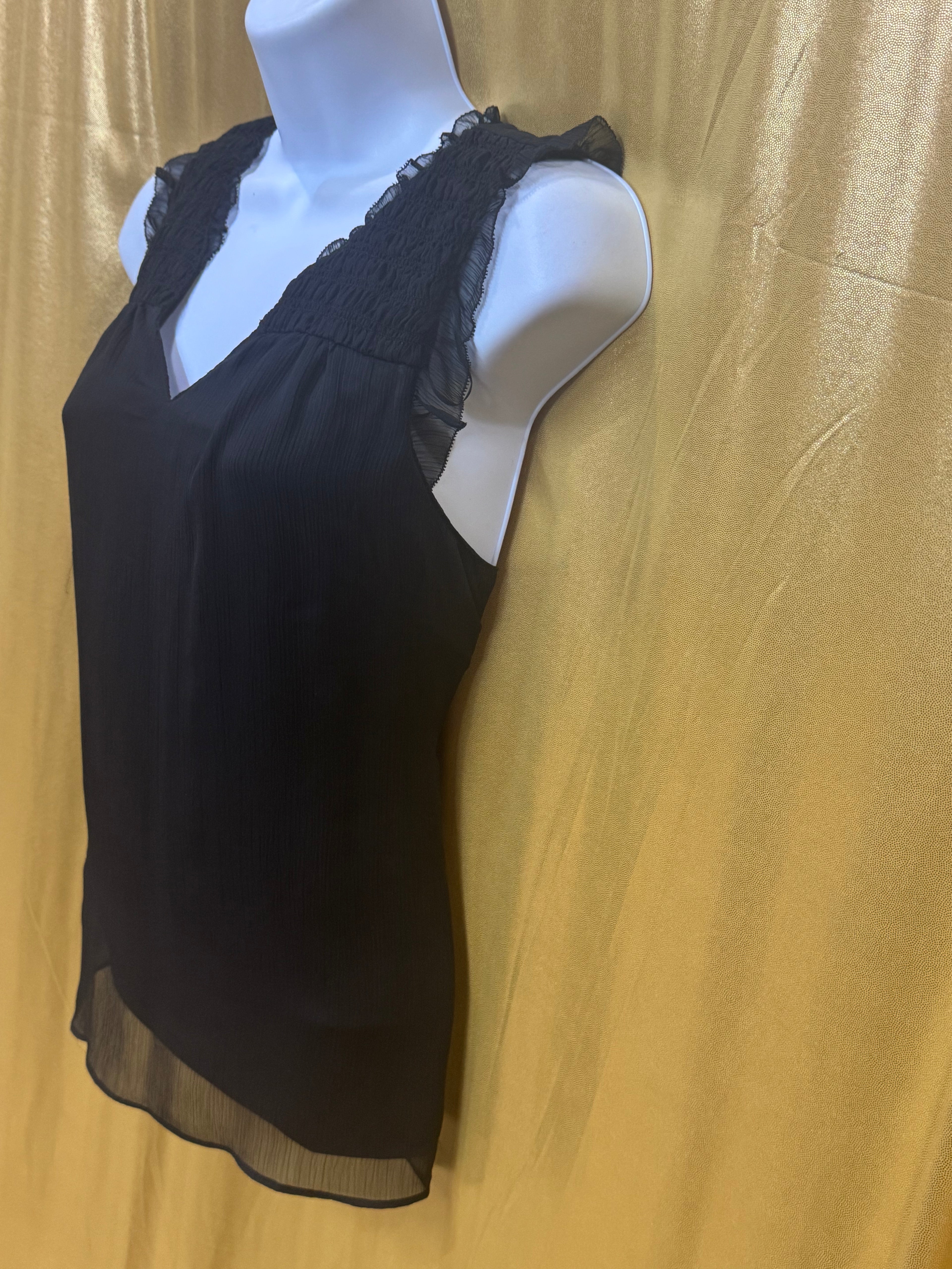 ELLE Black Sleeveless V-Neck Top with Smocked Ruffle Shoulders, Size Small