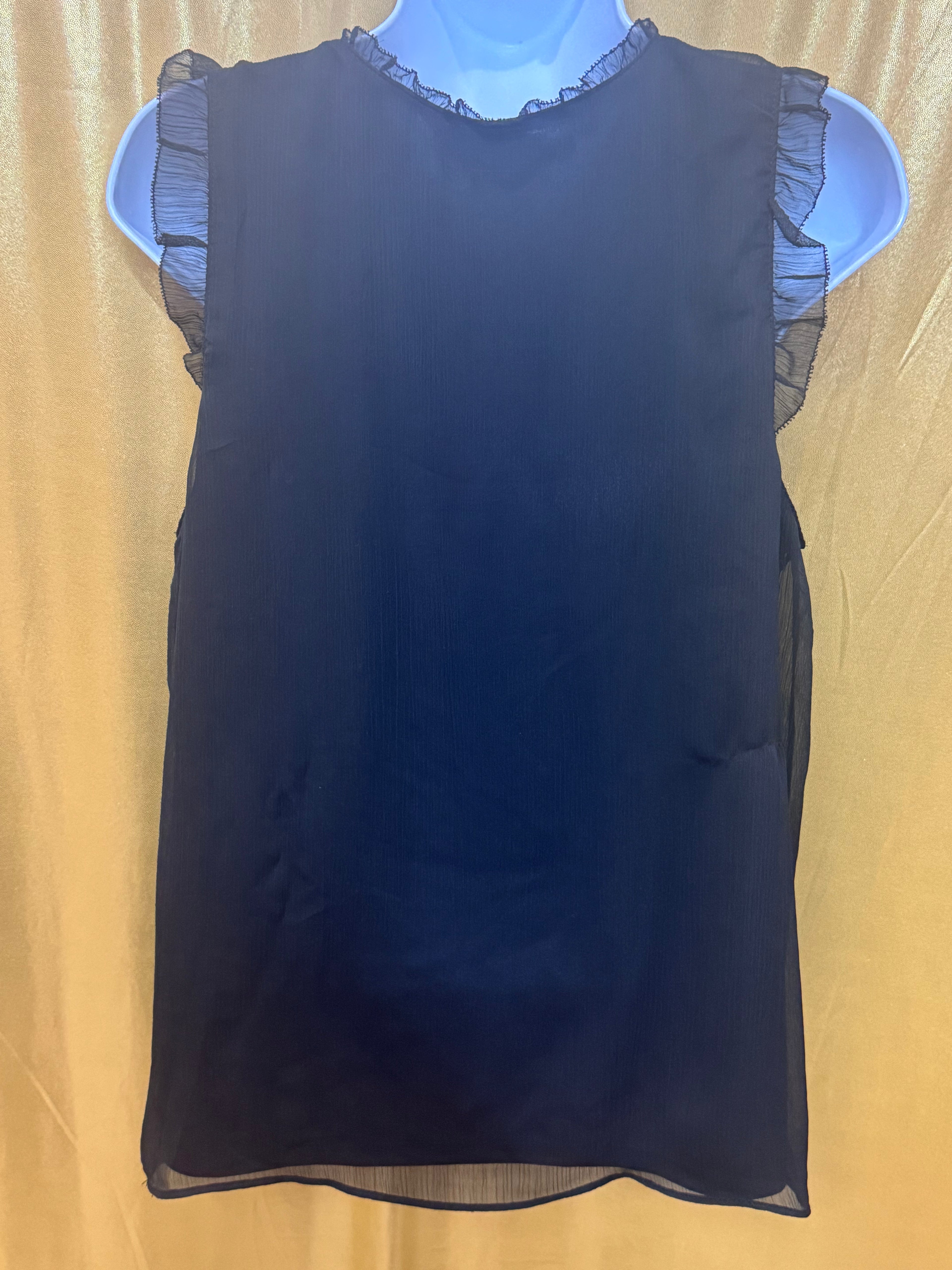 ELLE Black Sleeveless V-Neck Top with Smocked Ruffle Shoulders, Size Small