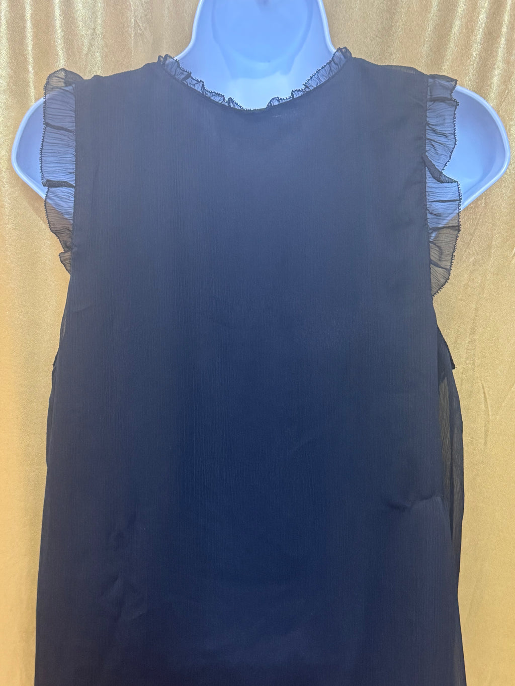 ELLE Black Sleeveless V-Neck Top with Smocked Ruffle Shoulders, Size Small