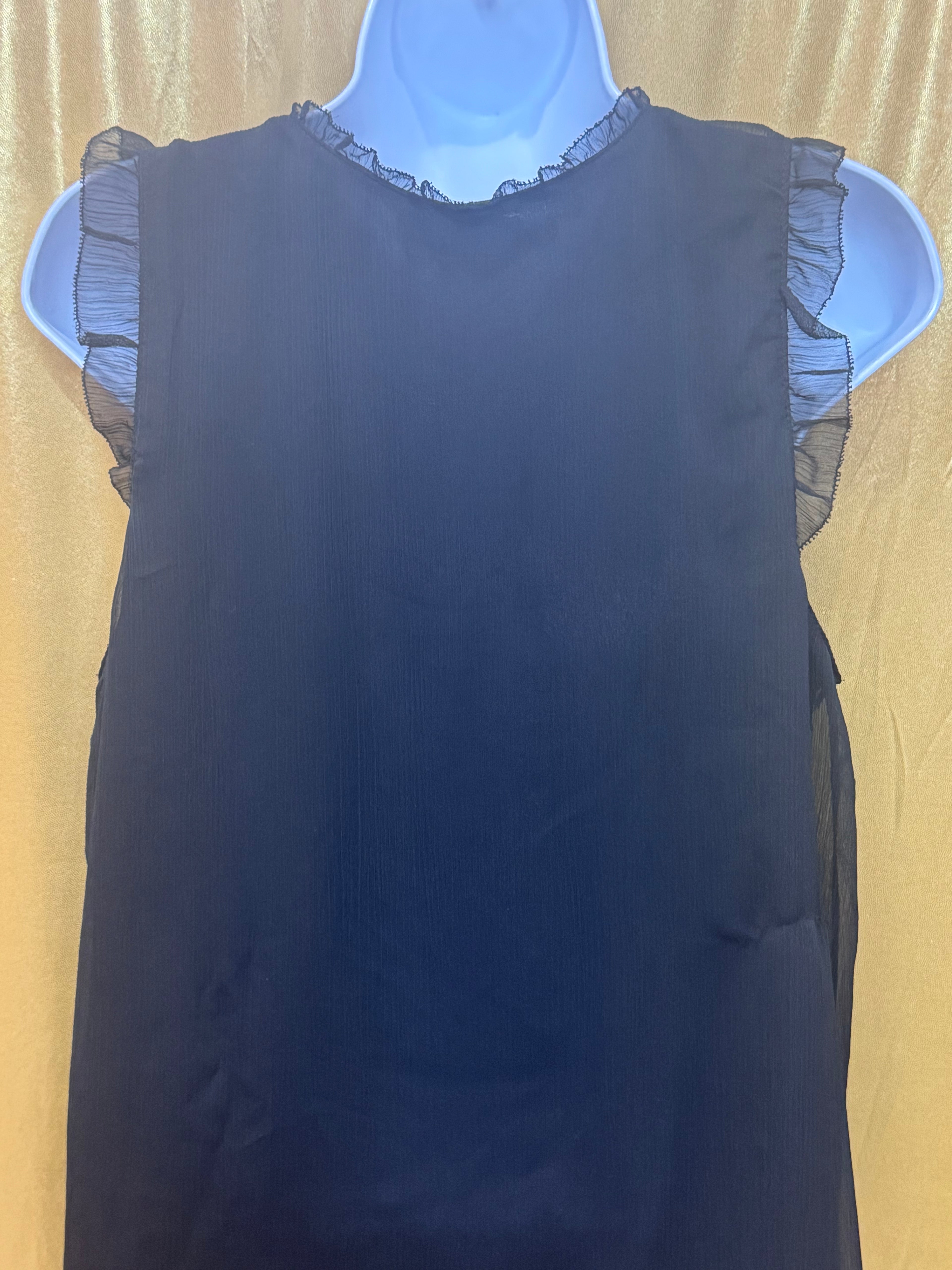 ELLE Black Sleeveless V-Neck Top with Smocked Ruffle Shoulders, Size Small