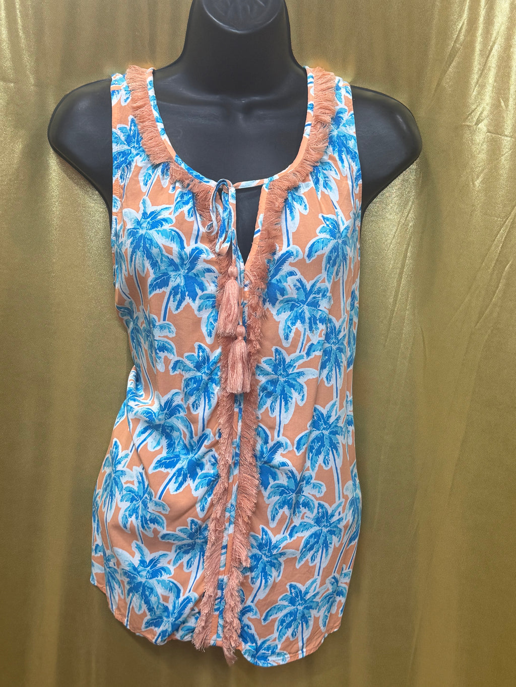 Crown & Ivy Tropical Palm Tree Tassel Tank Top Size Medium Peach Blue