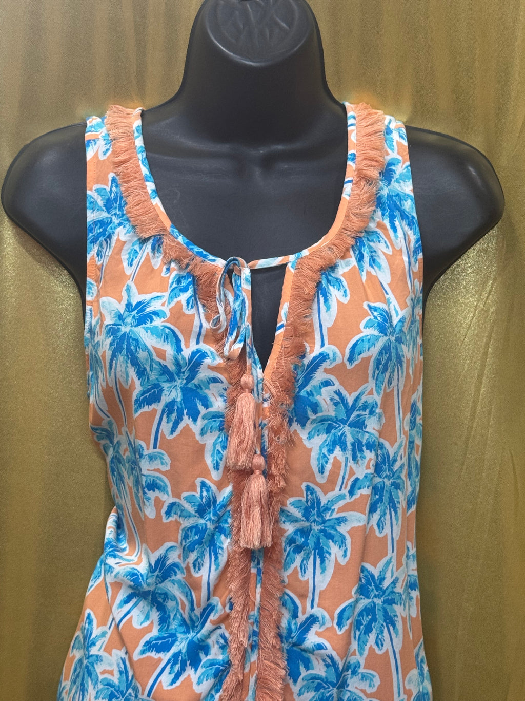 Crown & Ivy Tropical Palm Tree Tassel Tank Top Size Medium Peach Blue