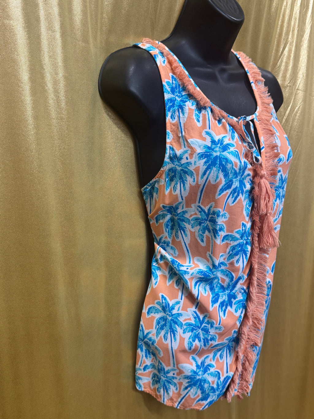 Crown & Ivy Tropical Palm Tree Tassel Tank Top Size Medium Peach Blue