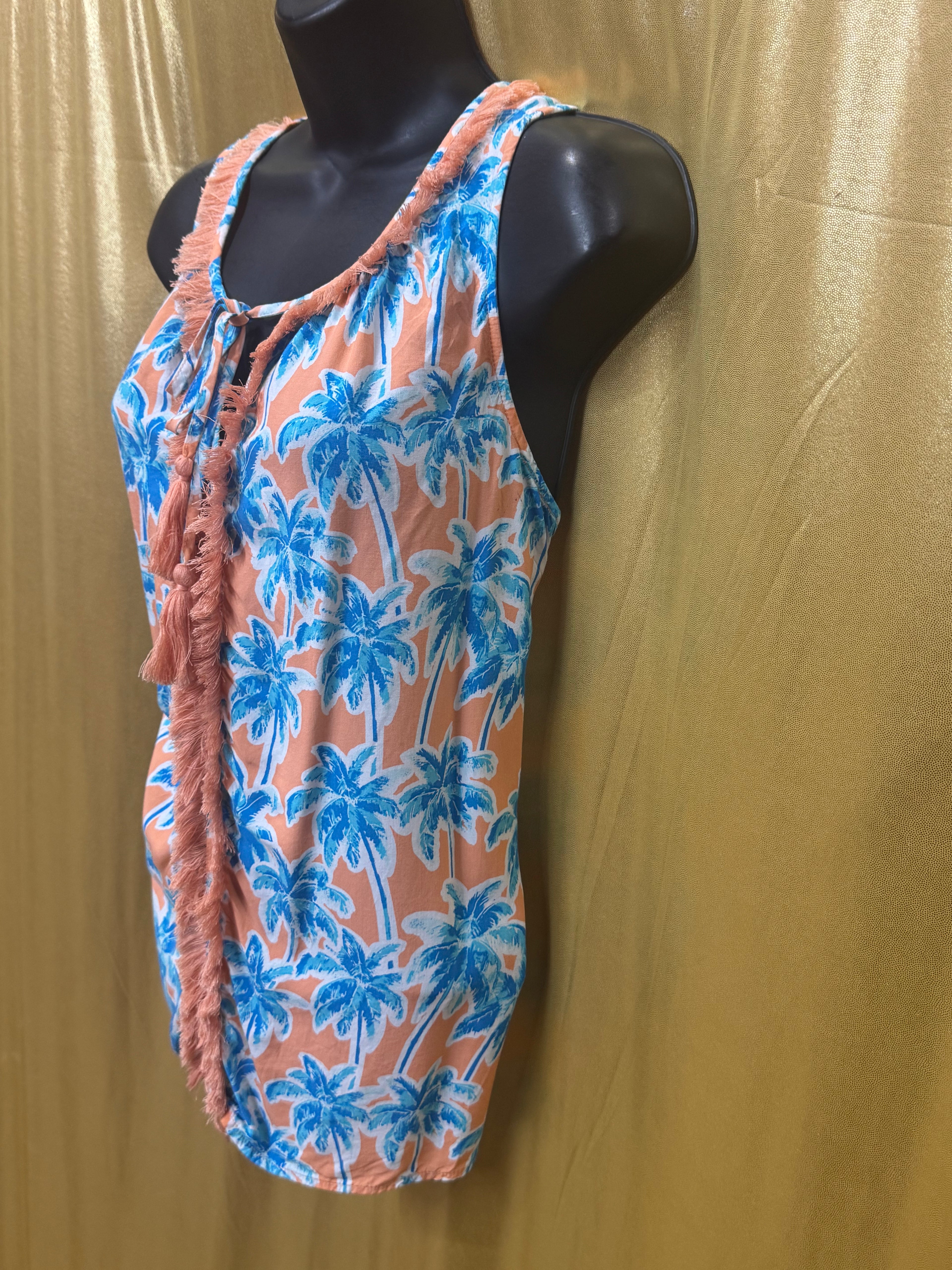 Crown & Ivy Tropical Palm Tree Tassel Tank Top Size Medium Peach Blue