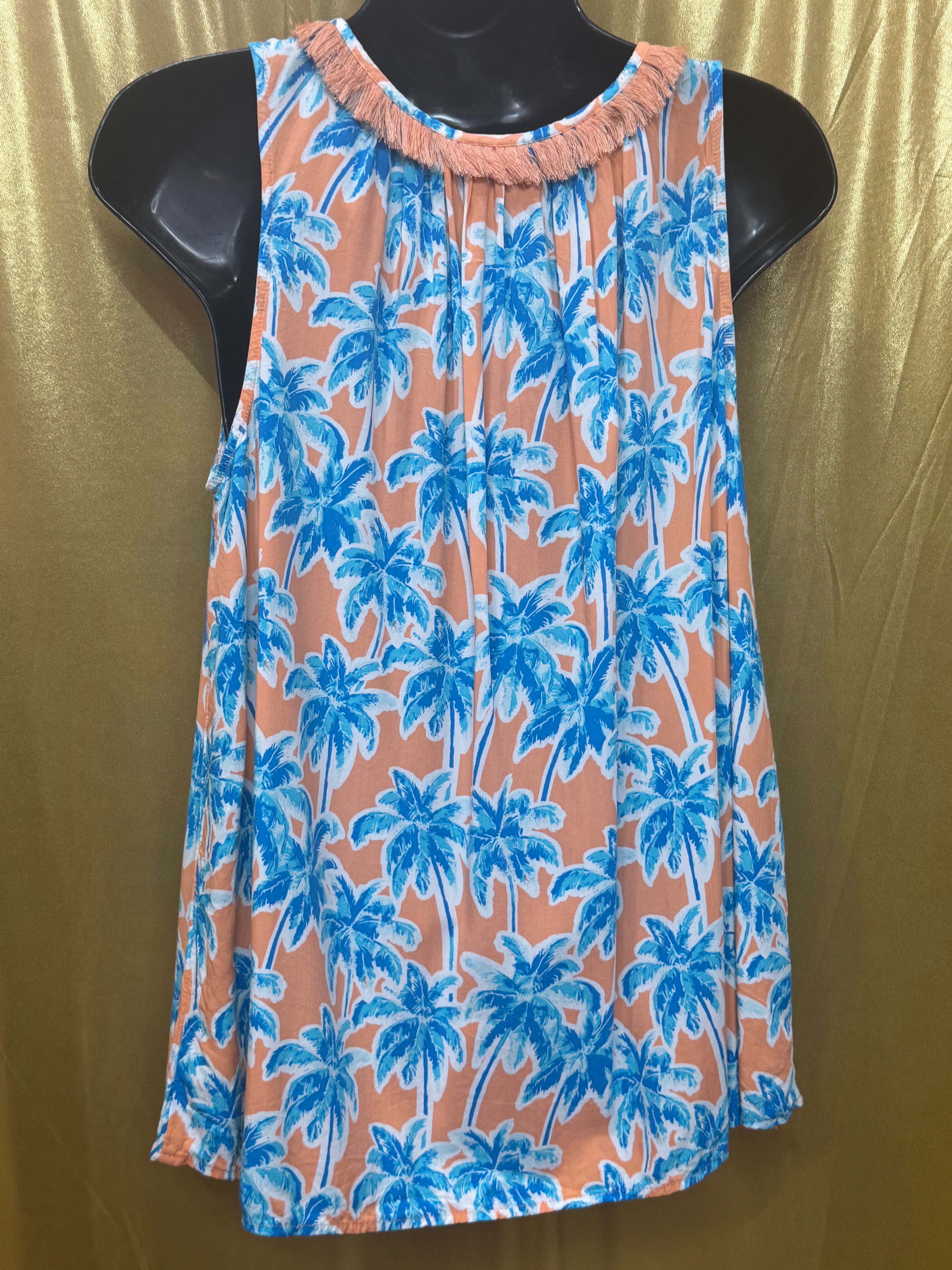 Crown & Ivy Tropical Palm Tree Tassel Tank Top Size Medium Peach Blue