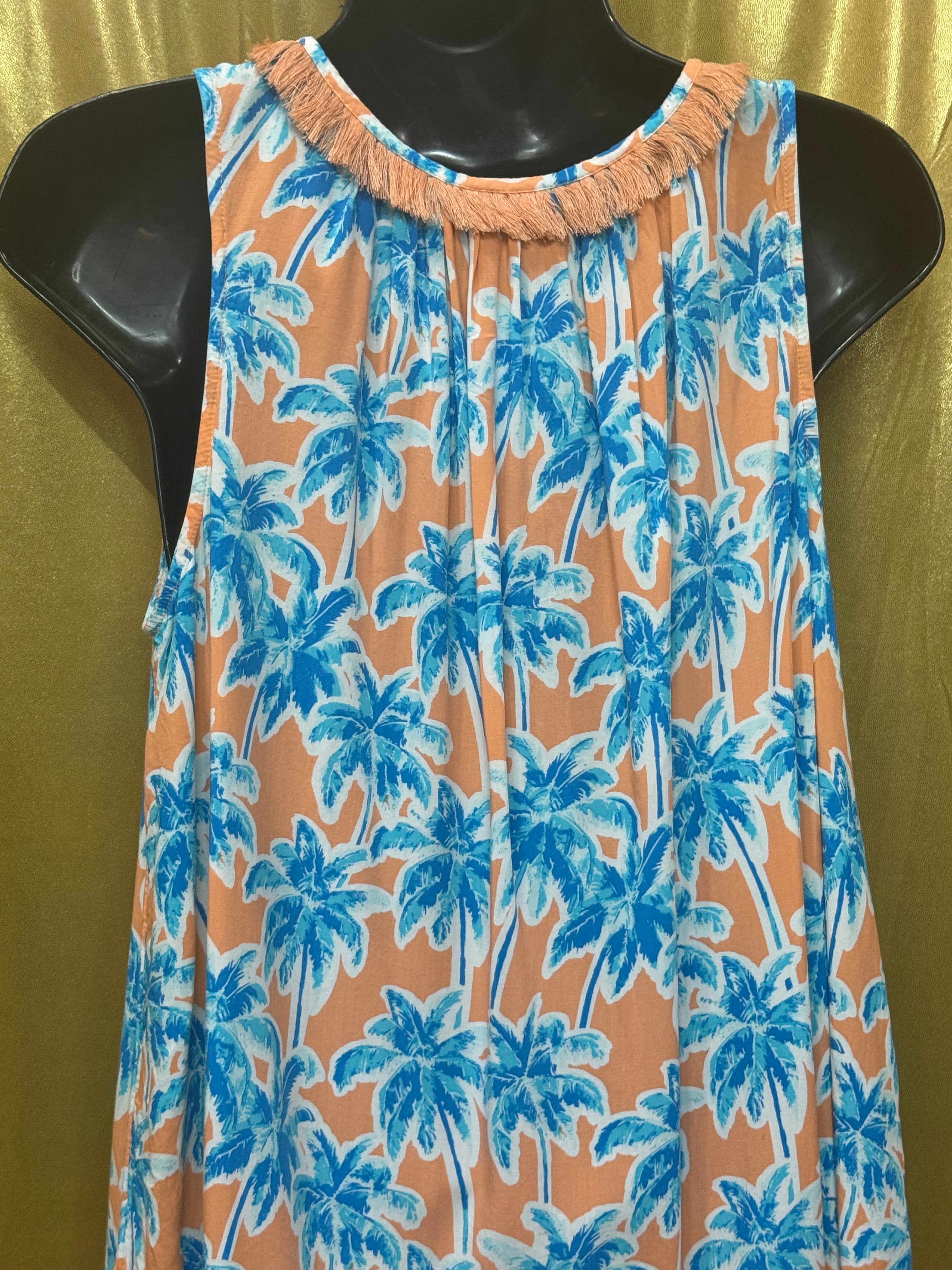 Crown & Ivy Tropical Palm Tree Tassel Tank Top Size Medium Peach Blue