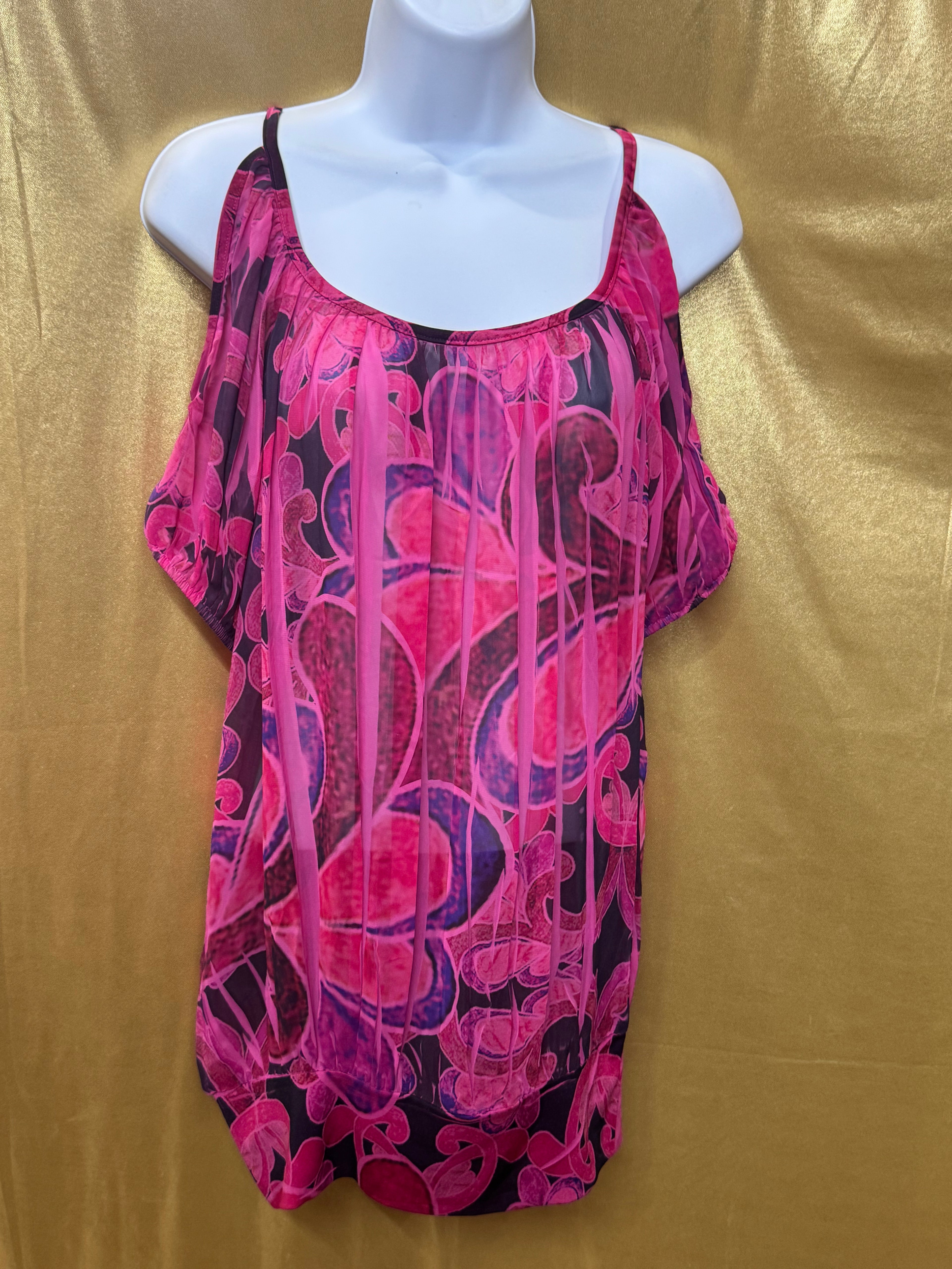 Body Central Cold Shoulder Blouse Pink Purple Abstract Sheer Overlay Medium