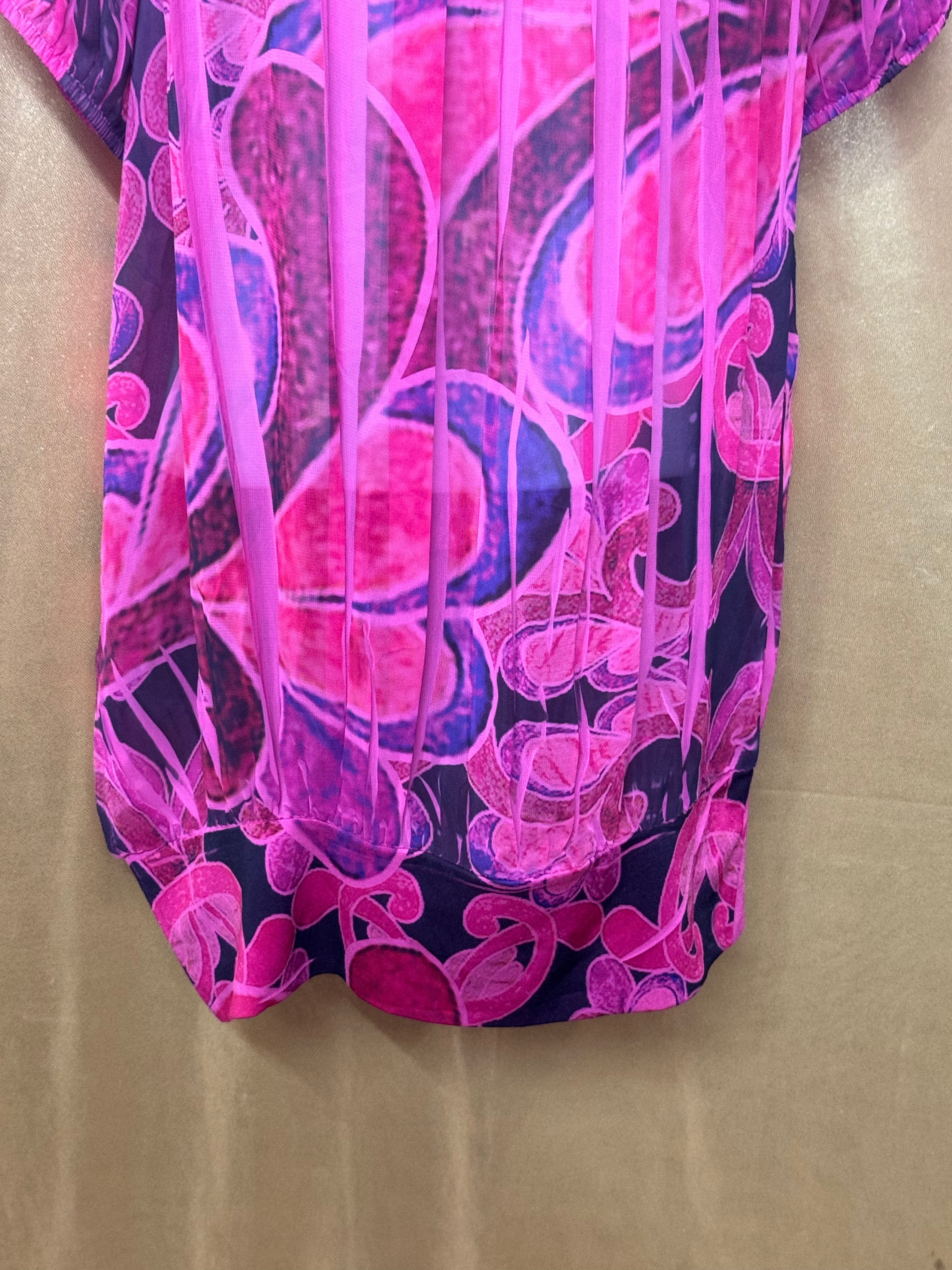 Body Central Cold Shoulder Blouse Pink Purple Abstract Sheer Overlay Medium