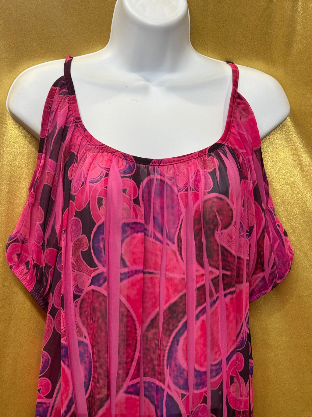 Body Central Cold Shoulder Blouse Pink Purple Abstract Sheer Overlay Medium