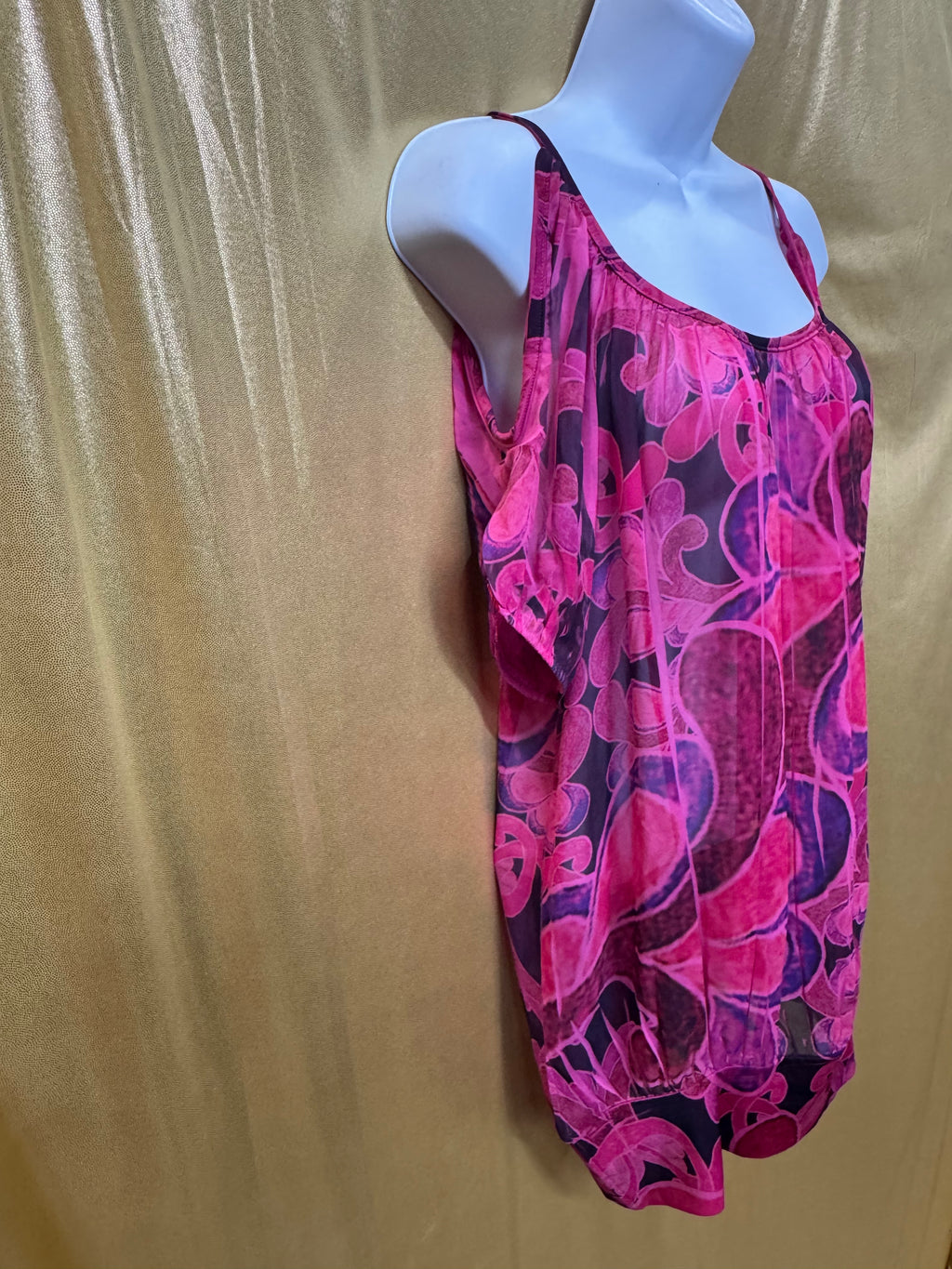 Body Central Cold Shoulder Blouse Pink Purple Abstract Sheer Overlay Medium