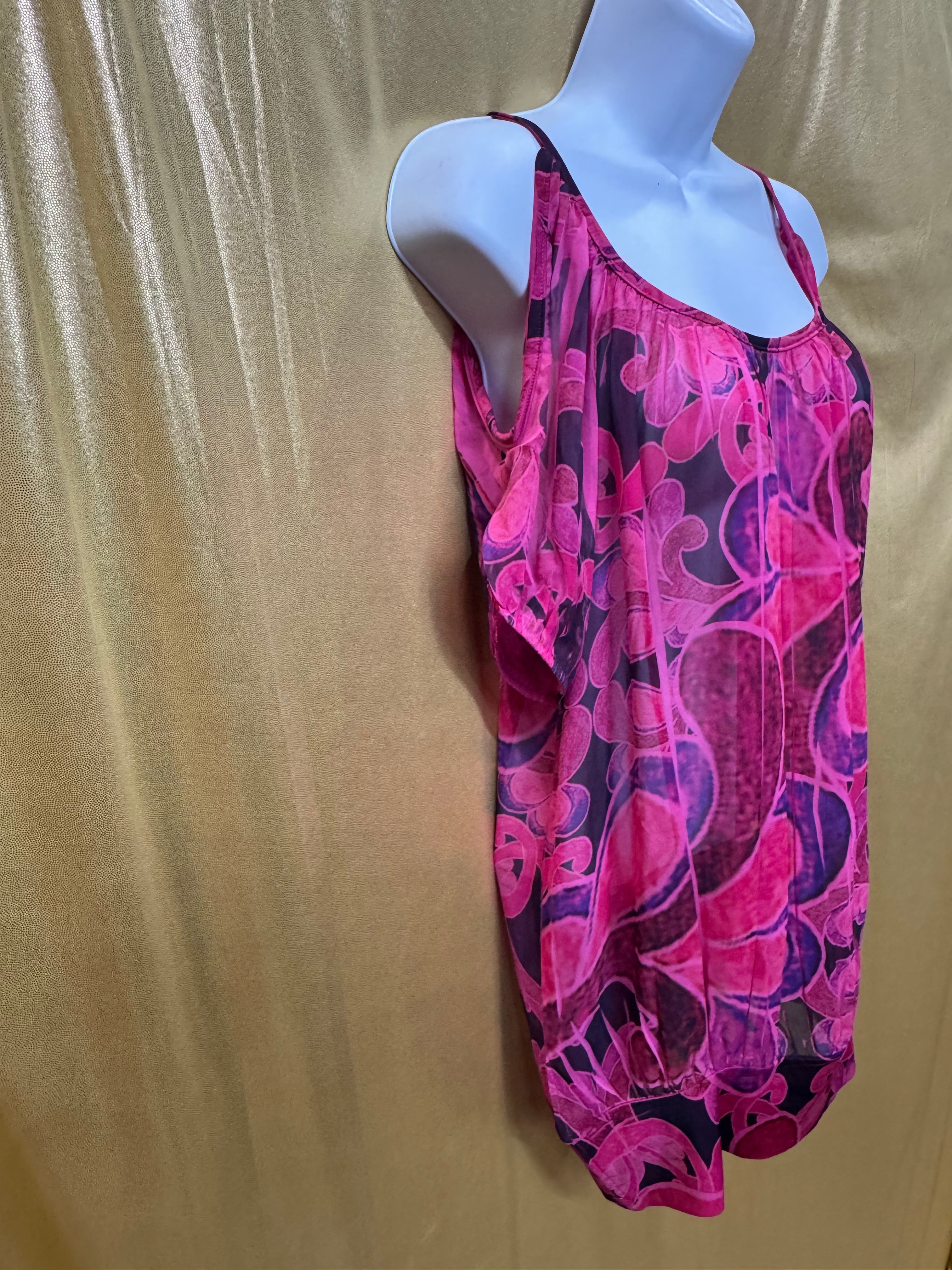 Body Central Cold Shoulder Blouse Pink Purple Abstract Sheer Overlay Medium