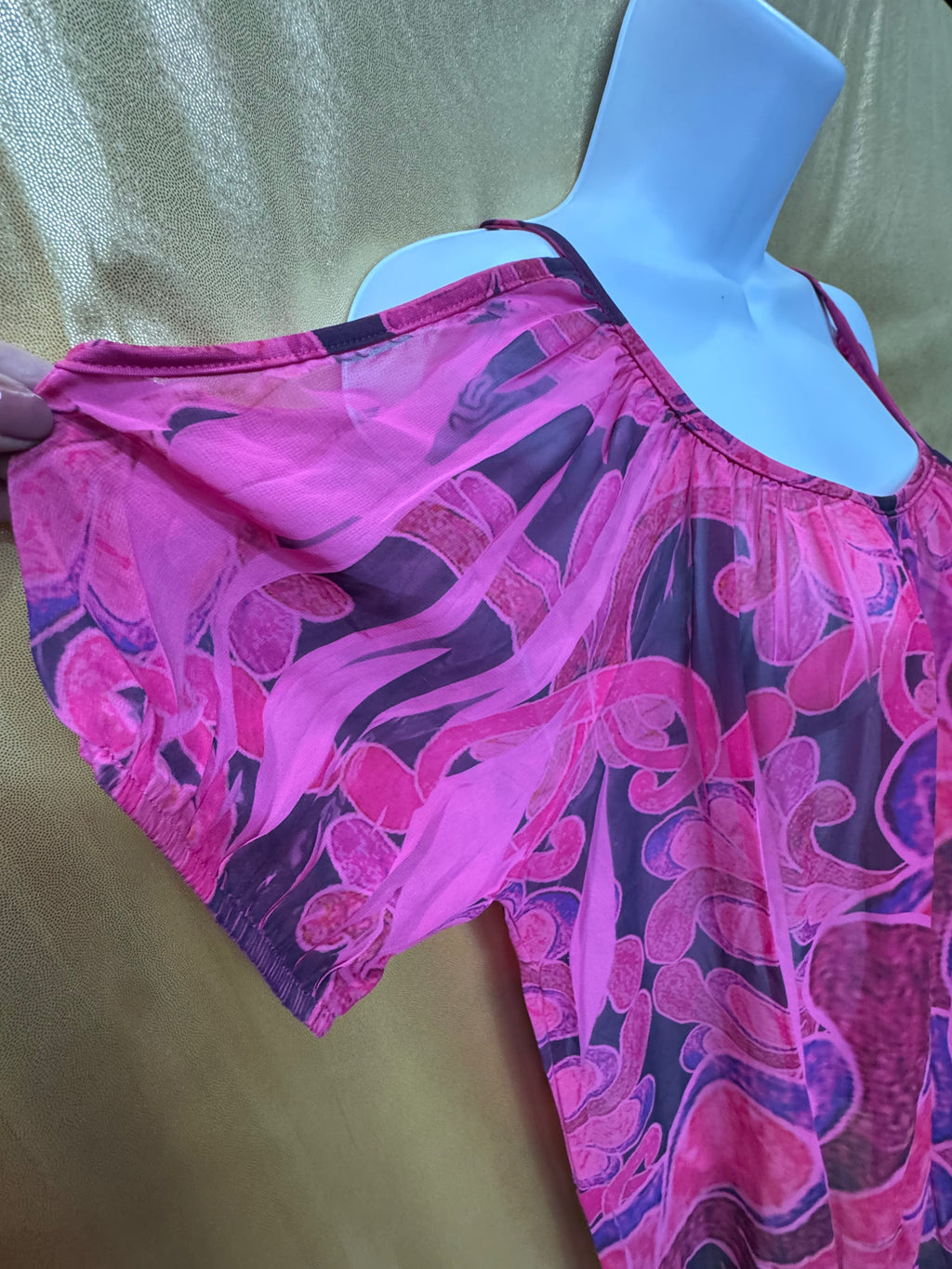 Body Central Cold Shoulder Blouse Pink Purple Abstract Sheer Overlay Medium