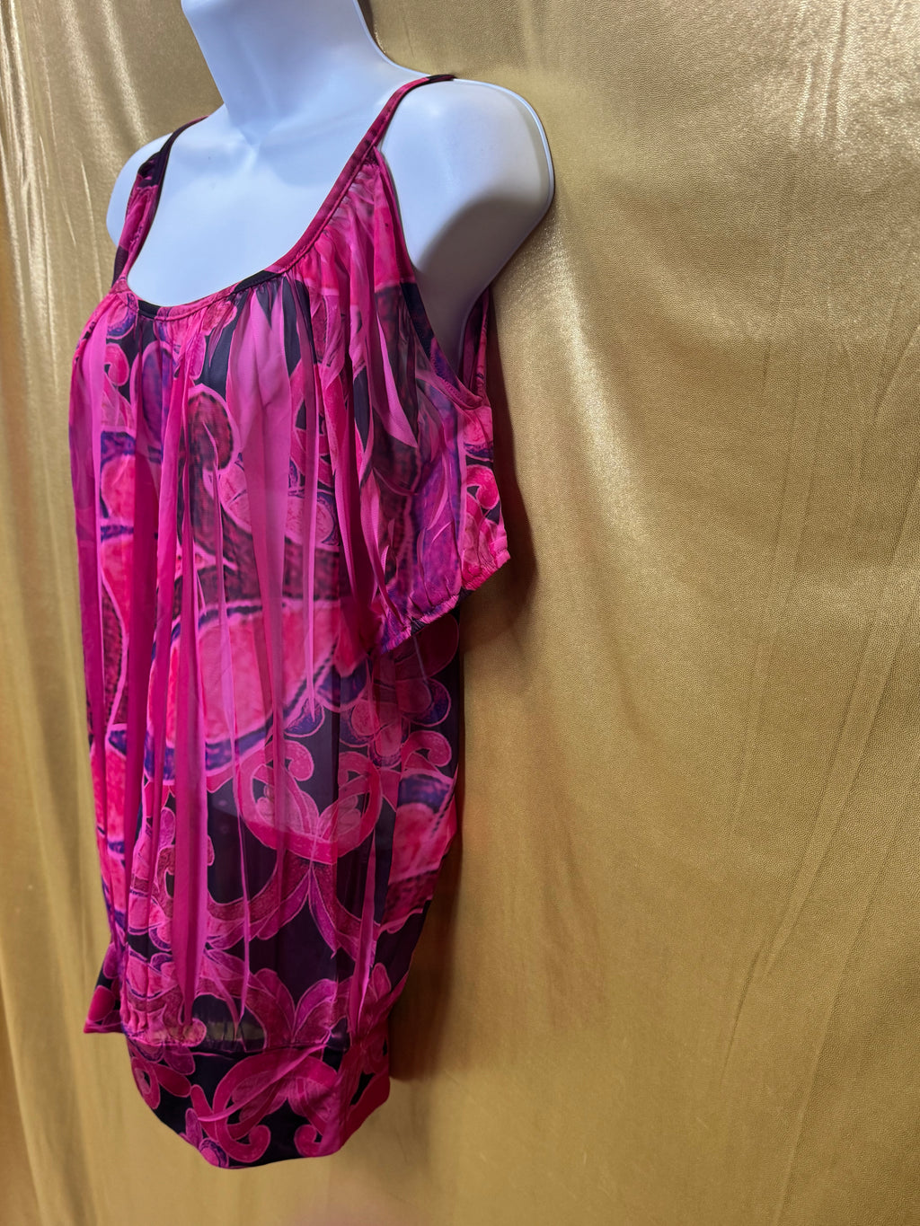 Body Central Cold Shoulder Blouse Pink Purple Abstract Sheer Overlay Medium