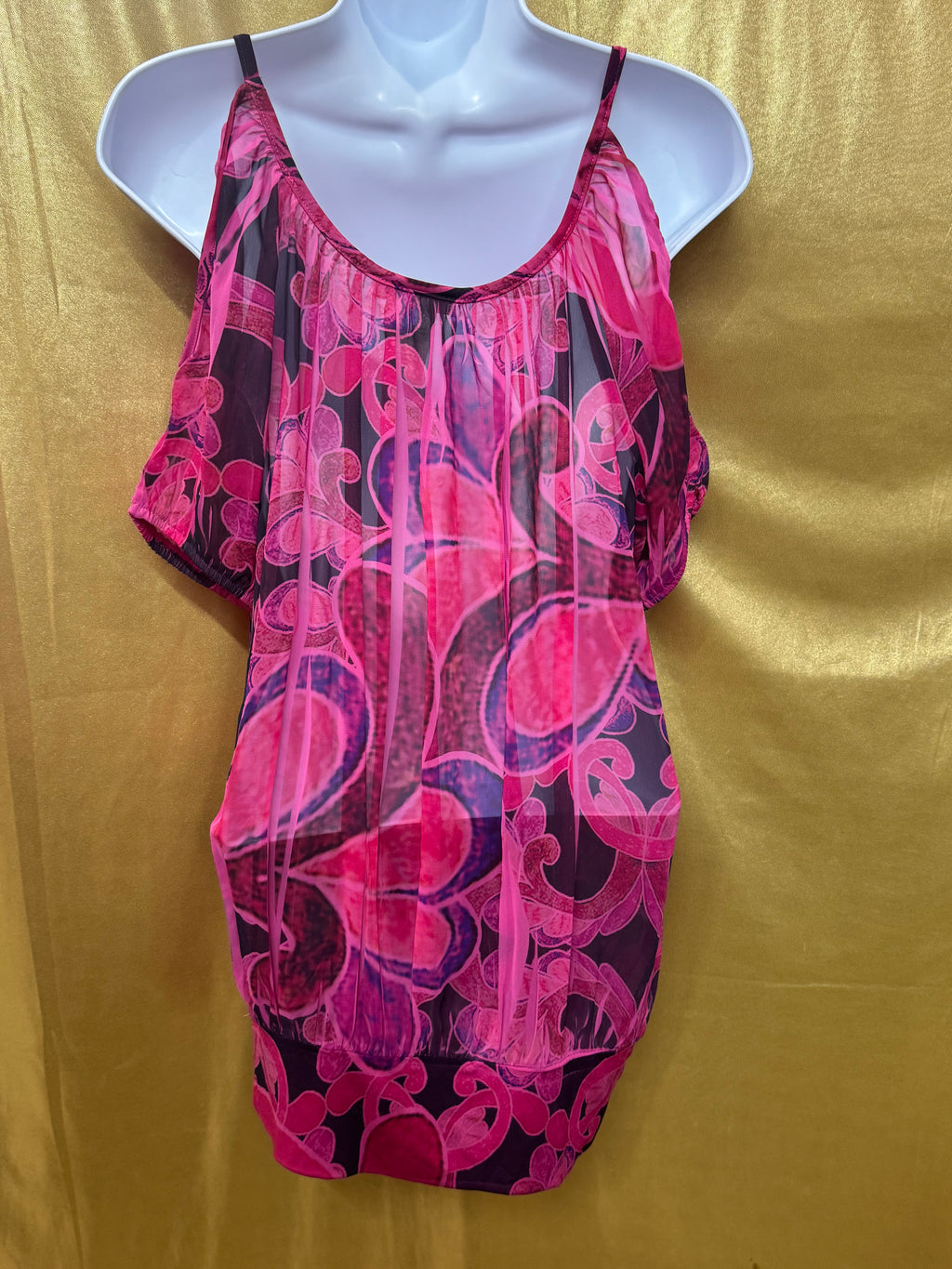Body Central Cold Shoulder Blouse Pink Purple Abstract Sheer Overlay Medium