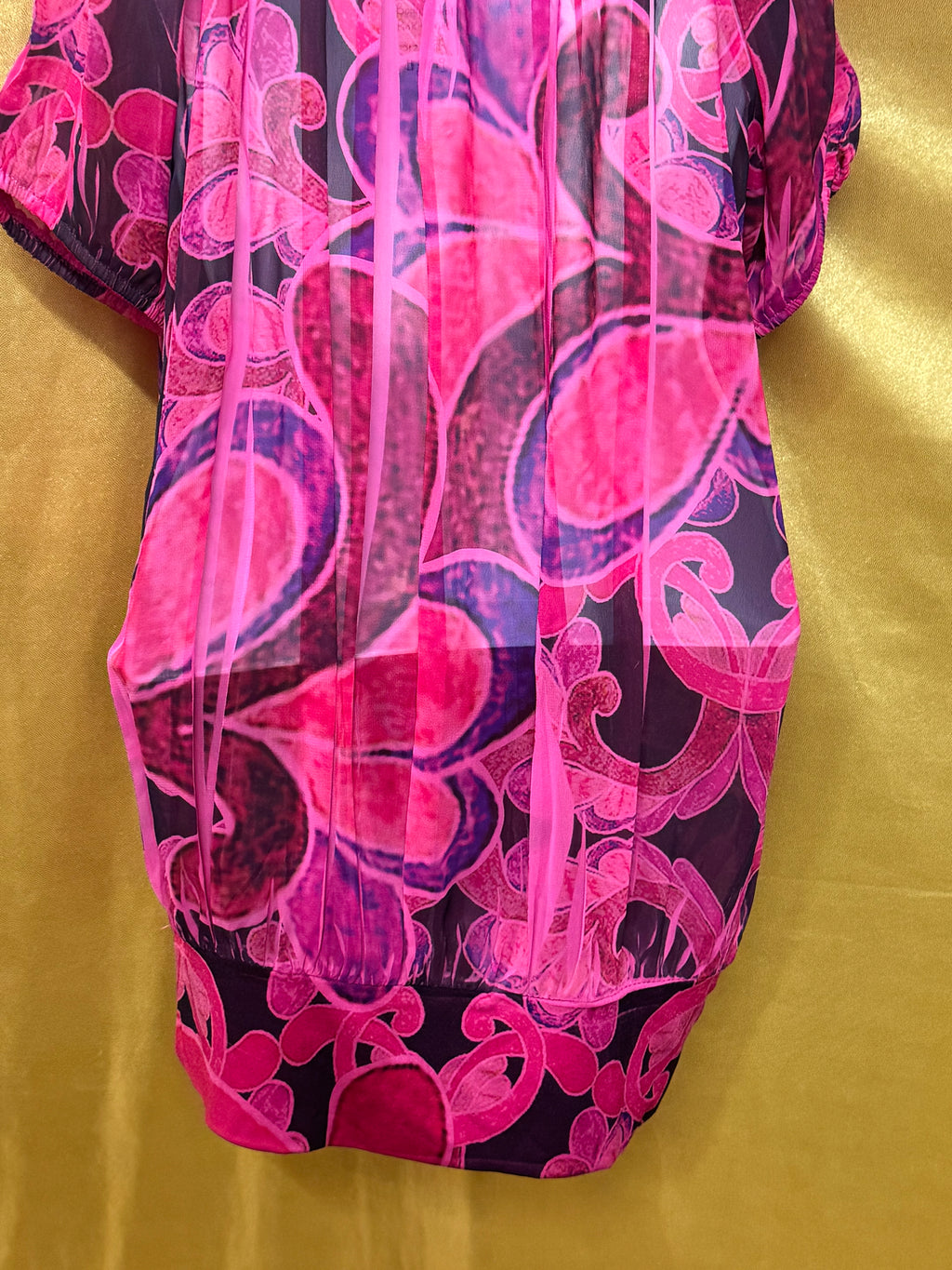 Body Central Cold Shoulder Blouse Pink Purple Abstract Sheer Overlay Medium