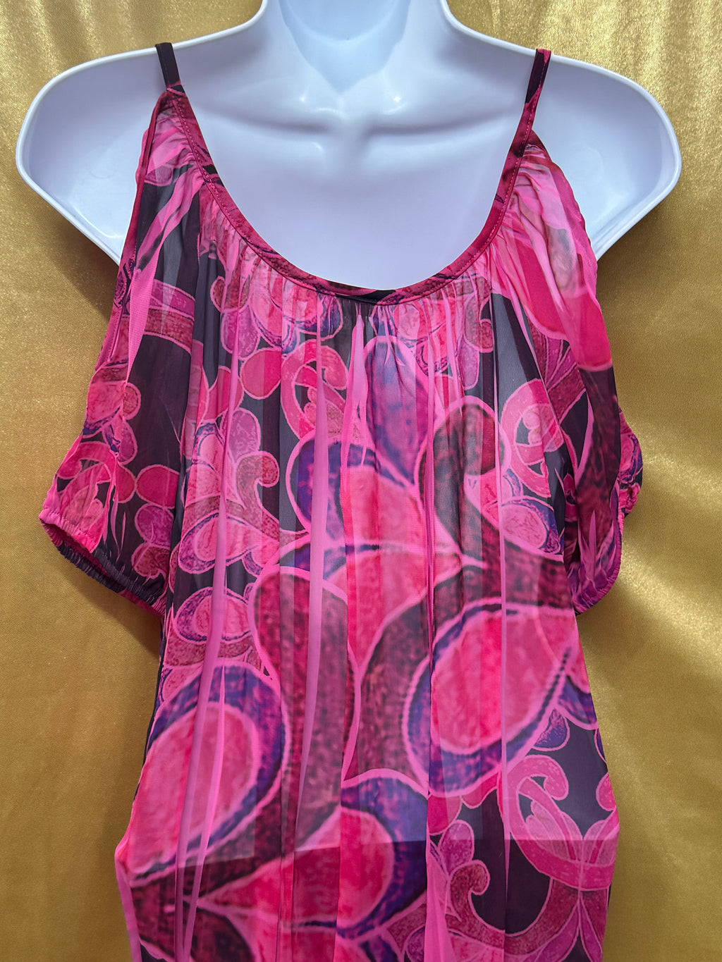 Body Central Cold Shoulder Blouse Pink Purple Abstract Sheer Overlay Medium