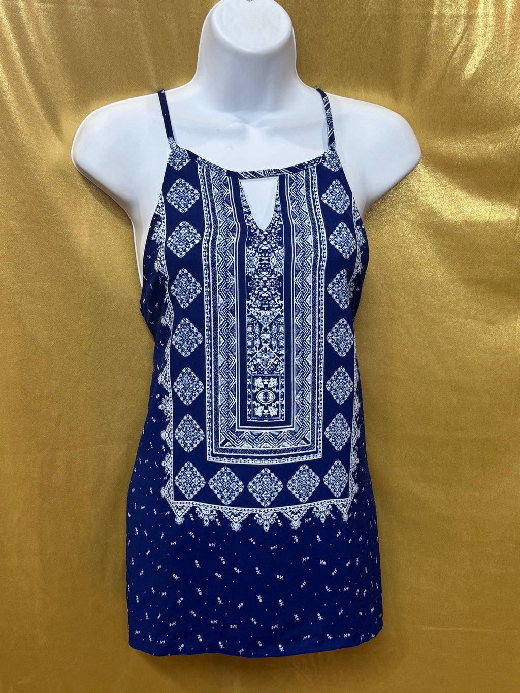 Sweet Wanderer Blue Boho Geometric Keyhole Tunic Top - Size Medium