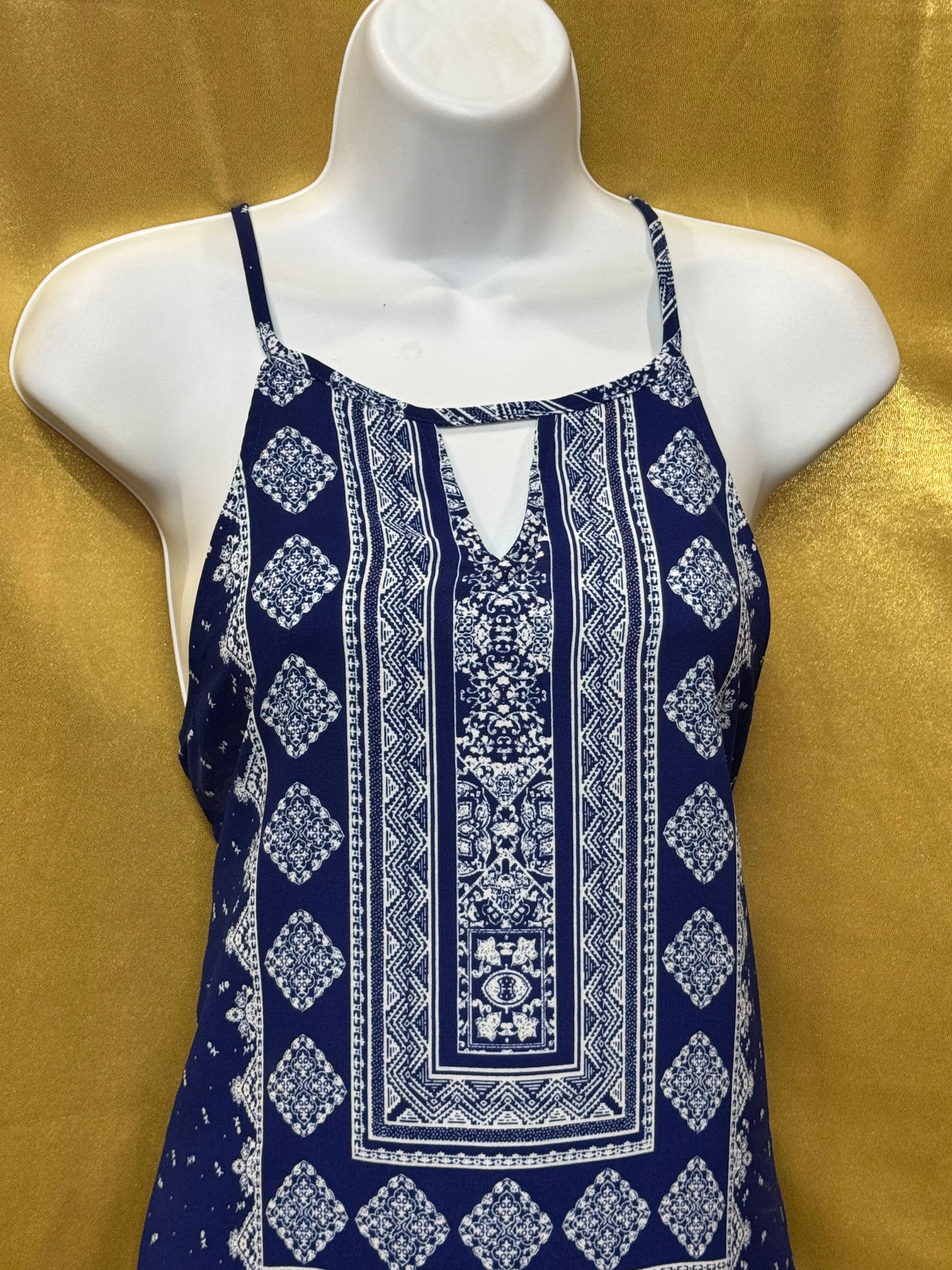 Sweet Wanderer Blue Boho Geometric Keyhole Tunic Top - Size Medium