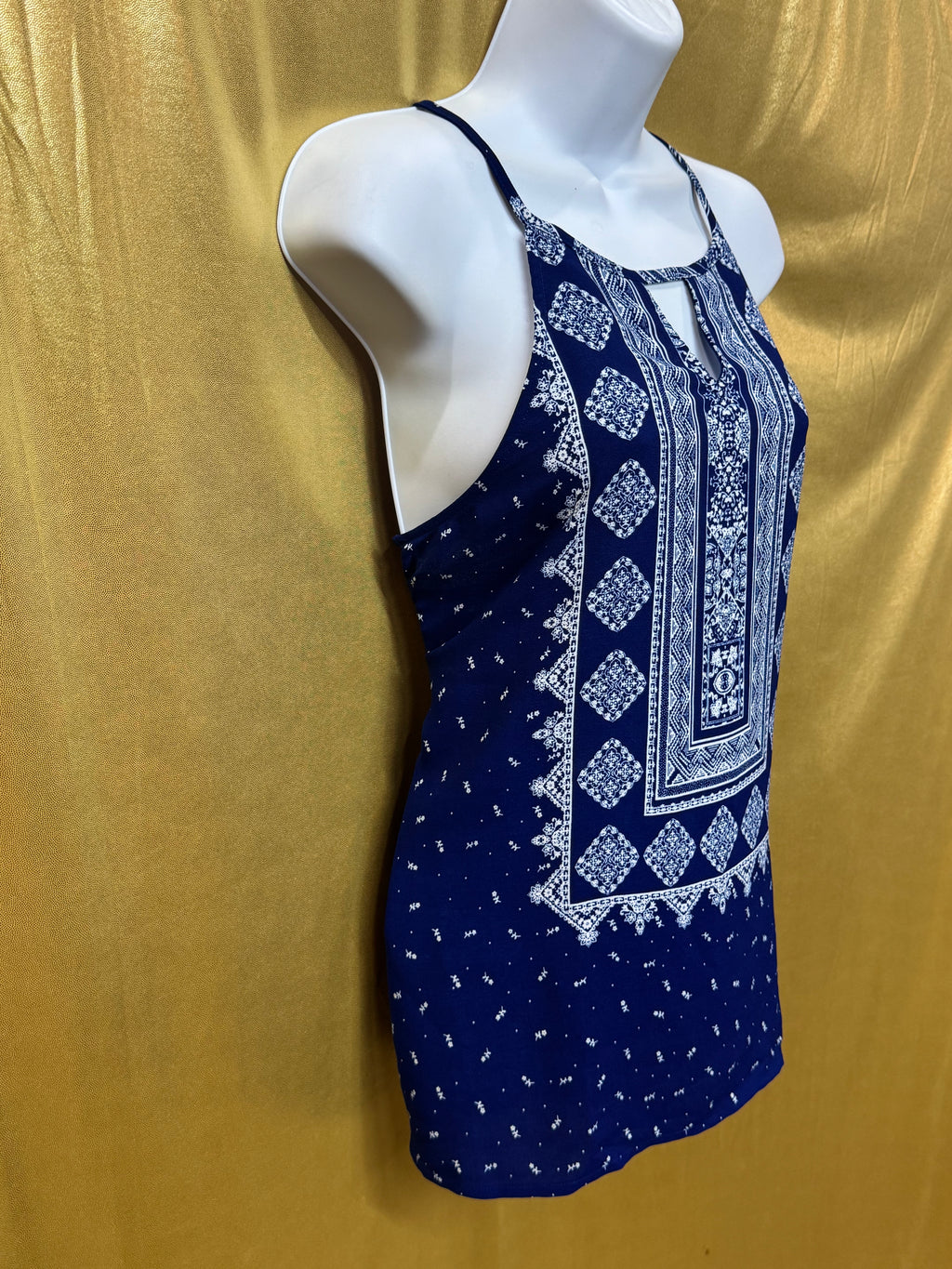 Sweet Wanderer Blue Boho Geometric Keyhole Tunic Top - Size Medium