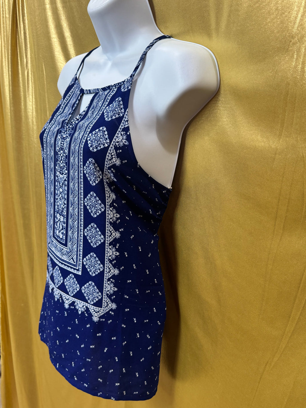 Sweet Wanderer Blue Boho Geometric Keyhole Tunic Top - Size Medium