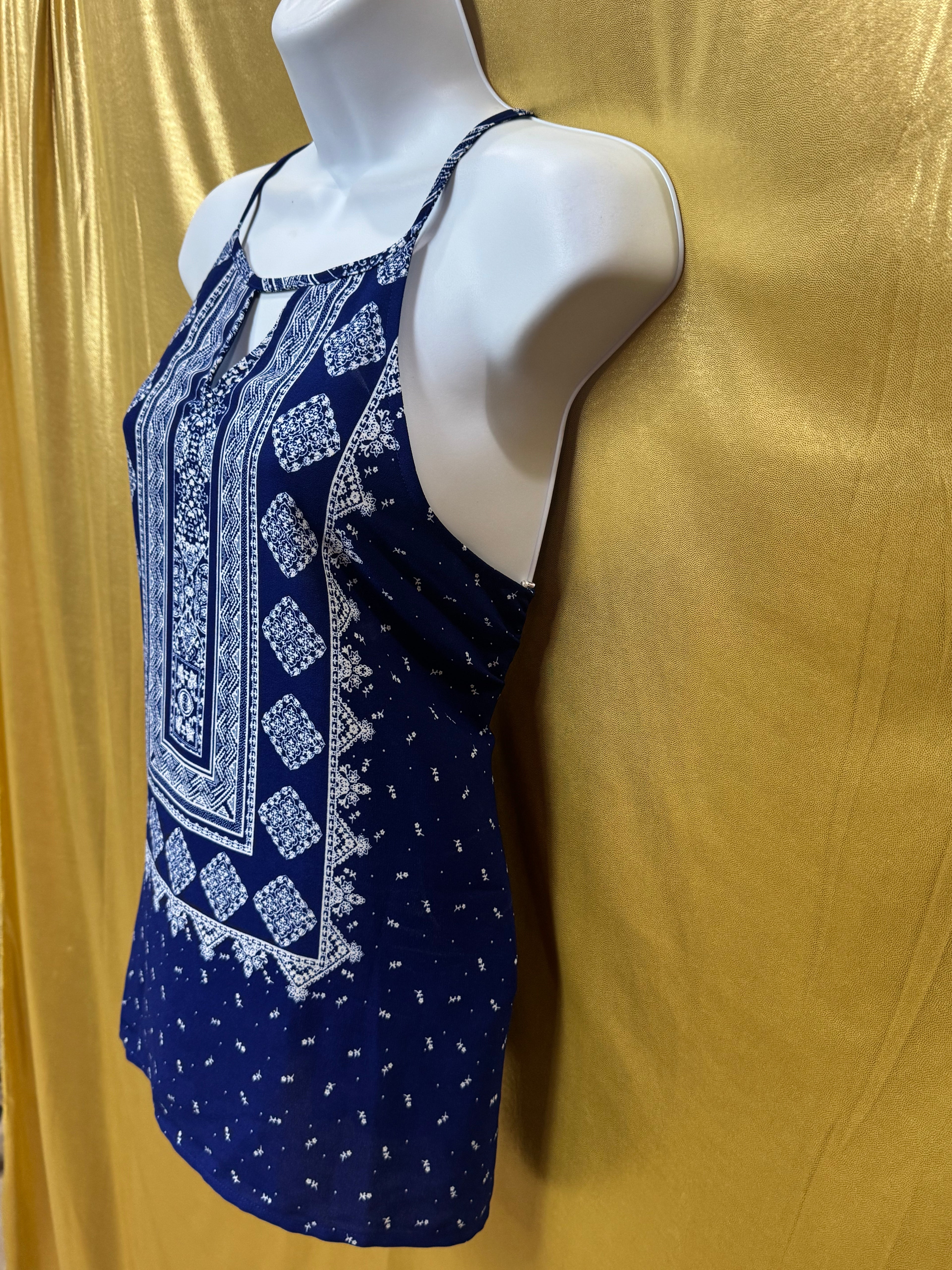 Sweet Wanderer Blue Boho Geometric Keyhole Tunic Top - Size Medium
