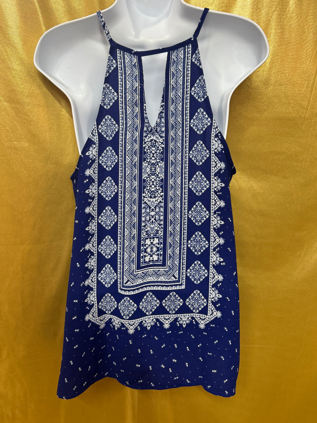 Sweet Wanderer Blue Boho Geometric Keyhole Tunic Top - Size Medium