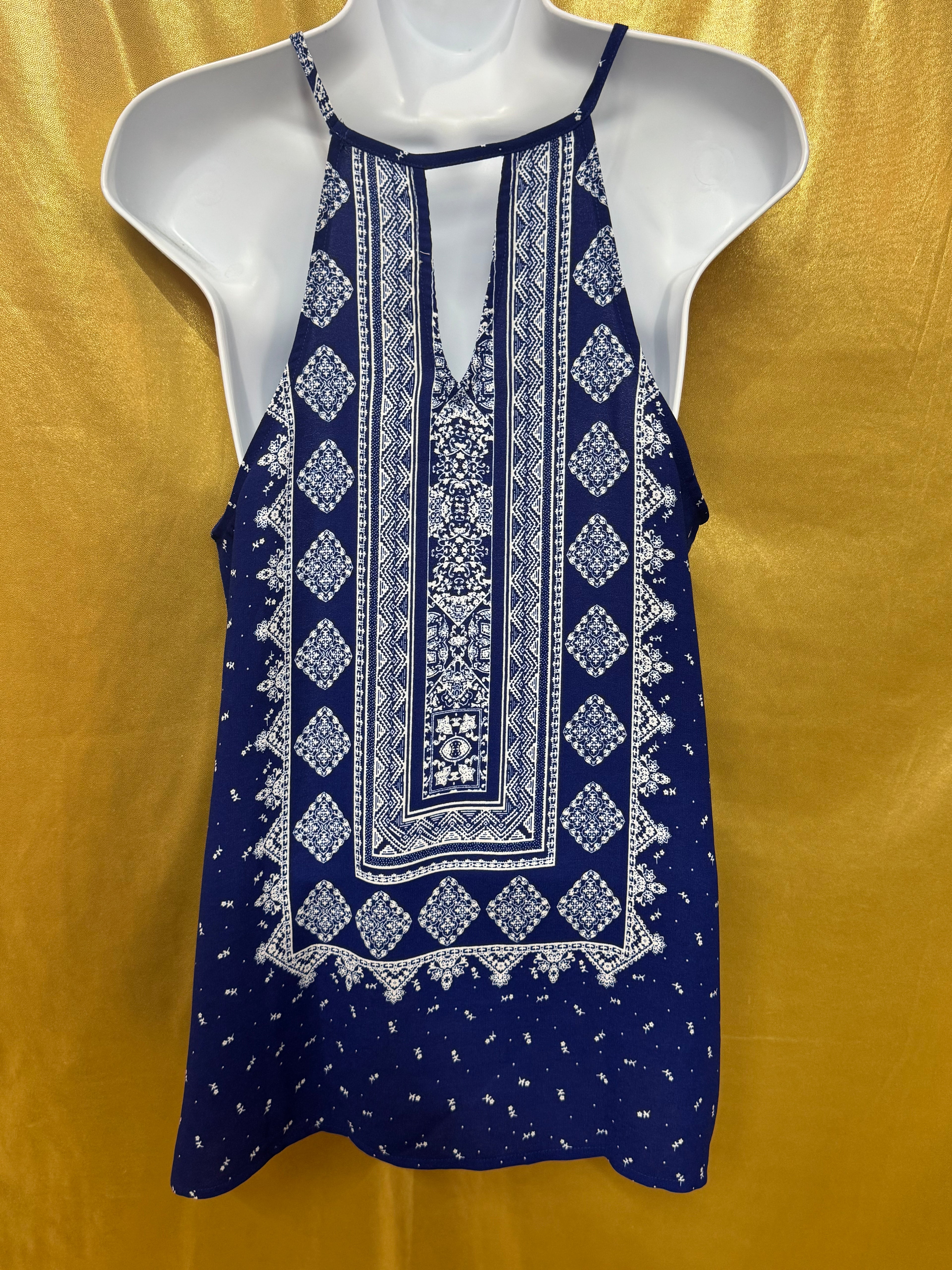 Sweet Wanderer Blue Boho Geometric Keyhole Tunic Top - Size Medium