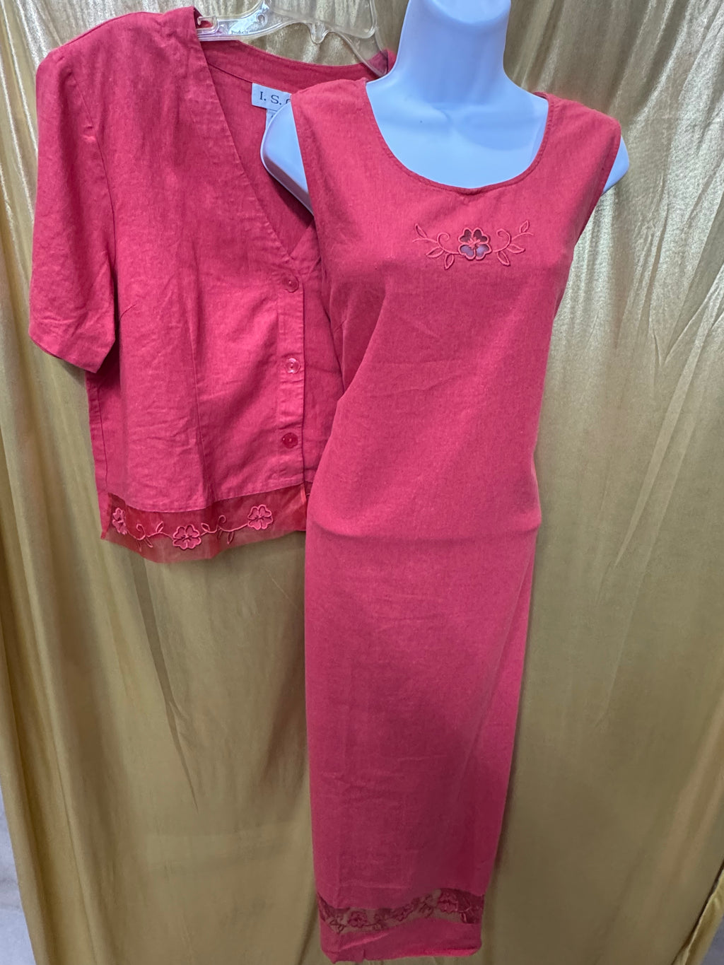 Vintage I.S.C. Linen Blend Maxi Dress & Jacket Set Size L Coral Pink Embroidered Boho