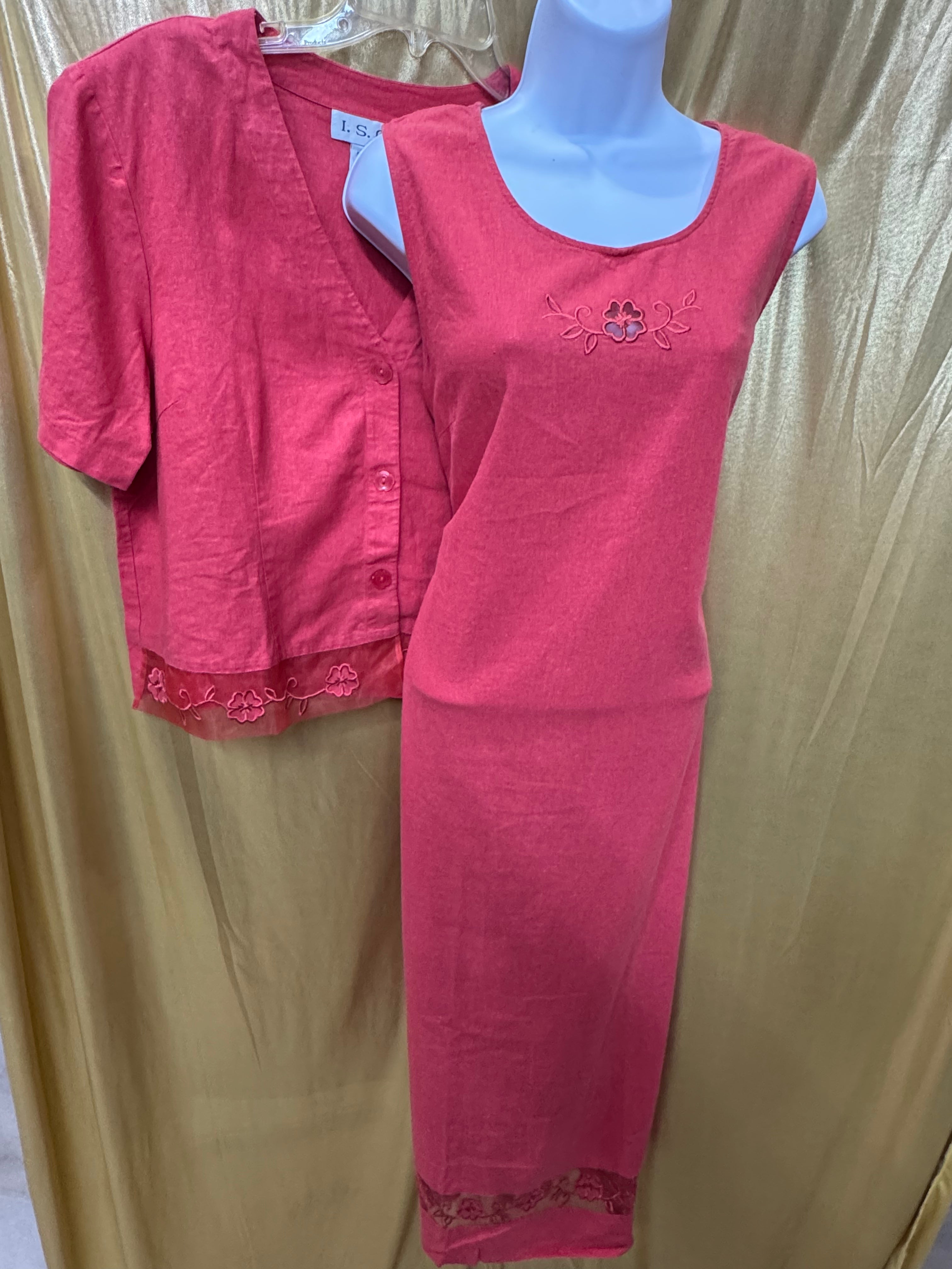 Vintage I.S.C. Linen Blend Maxi Dress & Jacket Set Size L Coral Pink Embroidered Boho