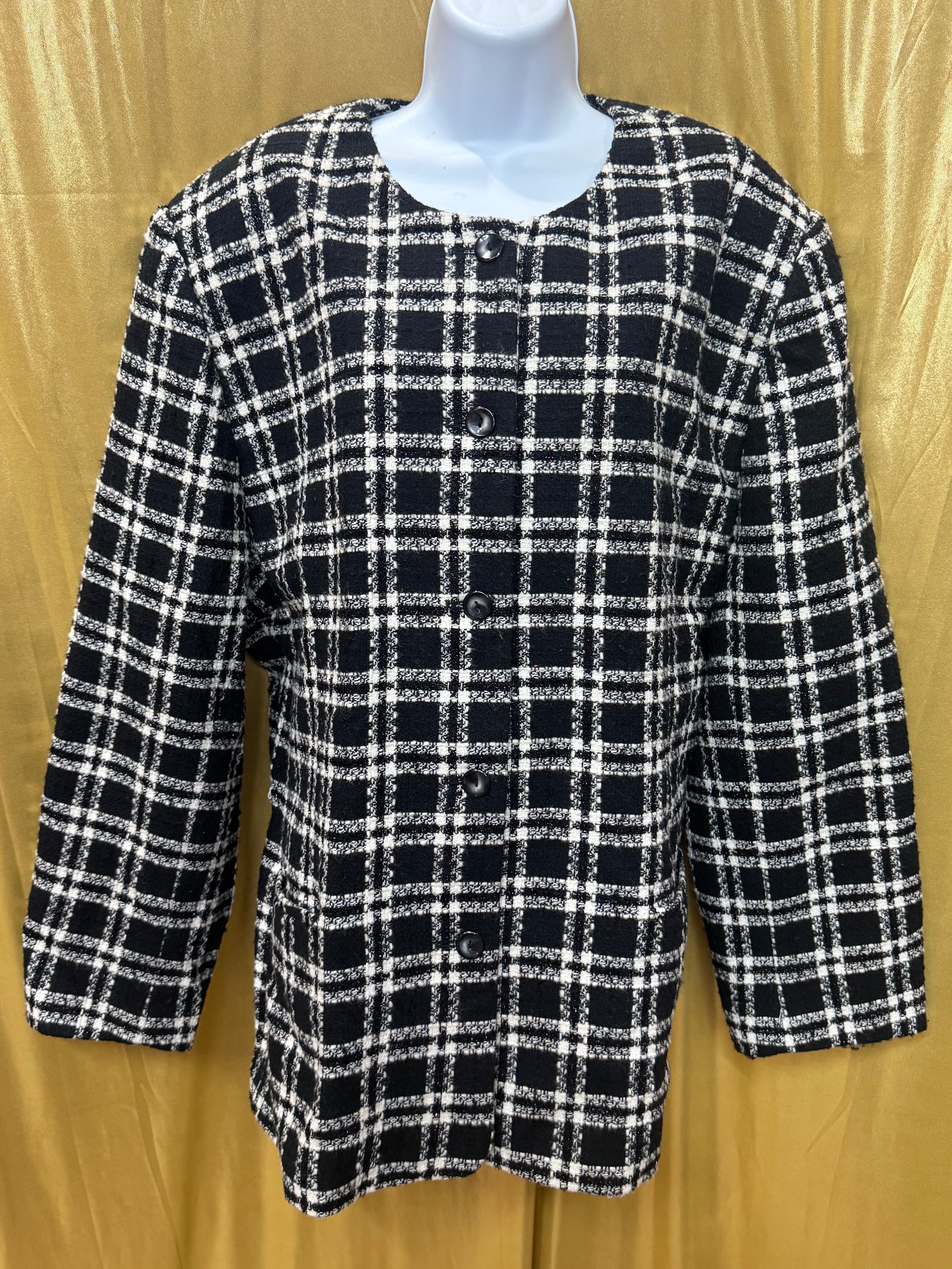 Vintage Joan Leslie Plaid Jacket 24W Black White Wool Blend Button Front With Shoulder Pads