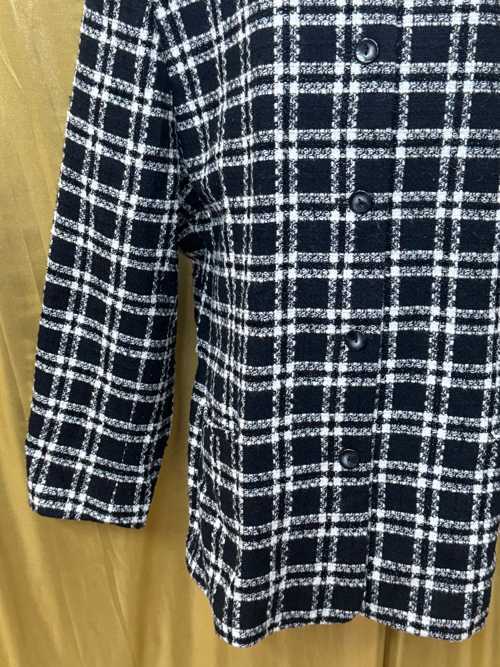 Vintage Joan Leslie Plaid Jacket 24W Black White Wool Blend Button Front With Shoulder Pads