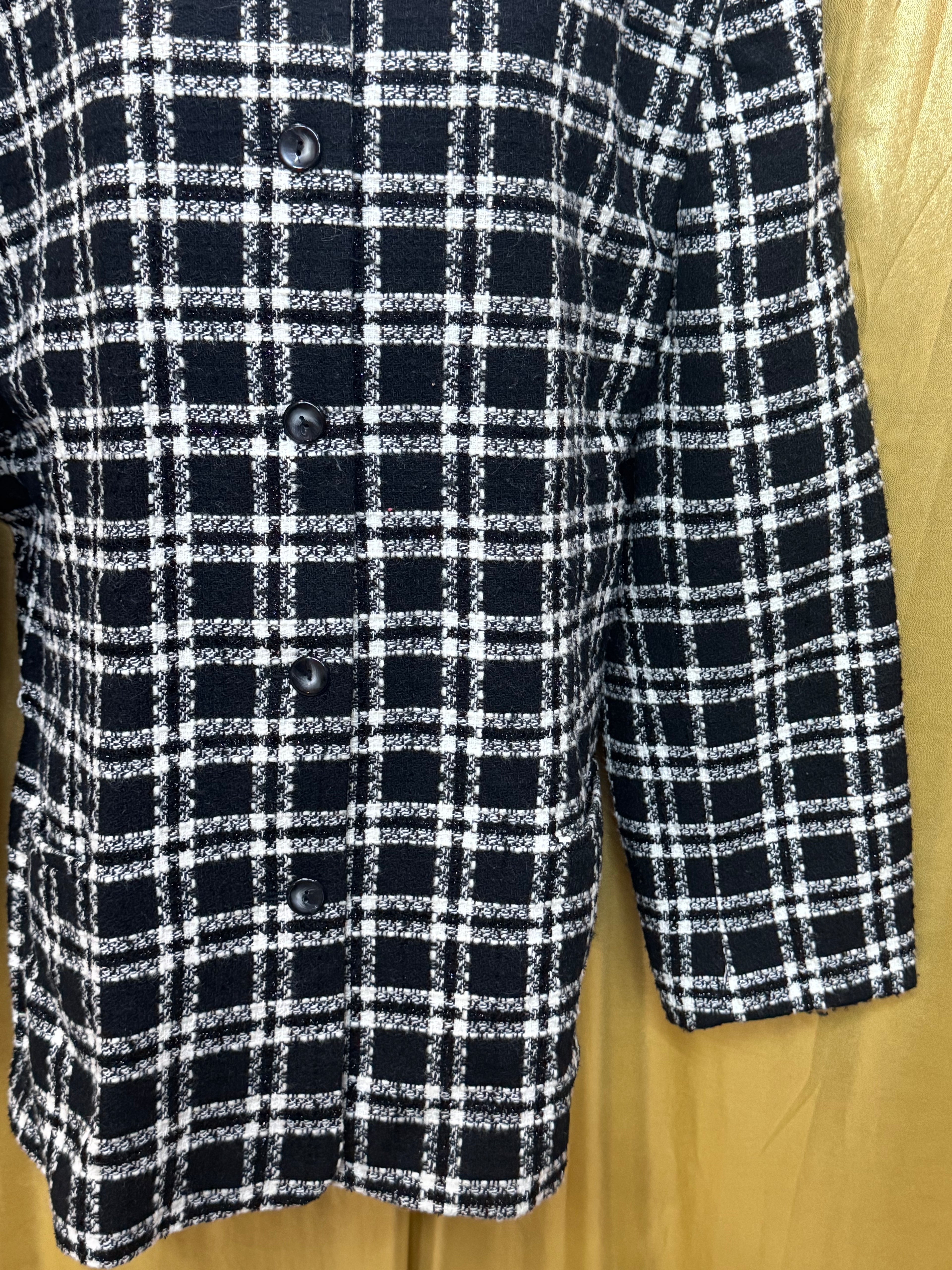 Vintage Joan Leslie Plaid Jacket 24W Black White Wool Blend Button Front With Shoulder Pads