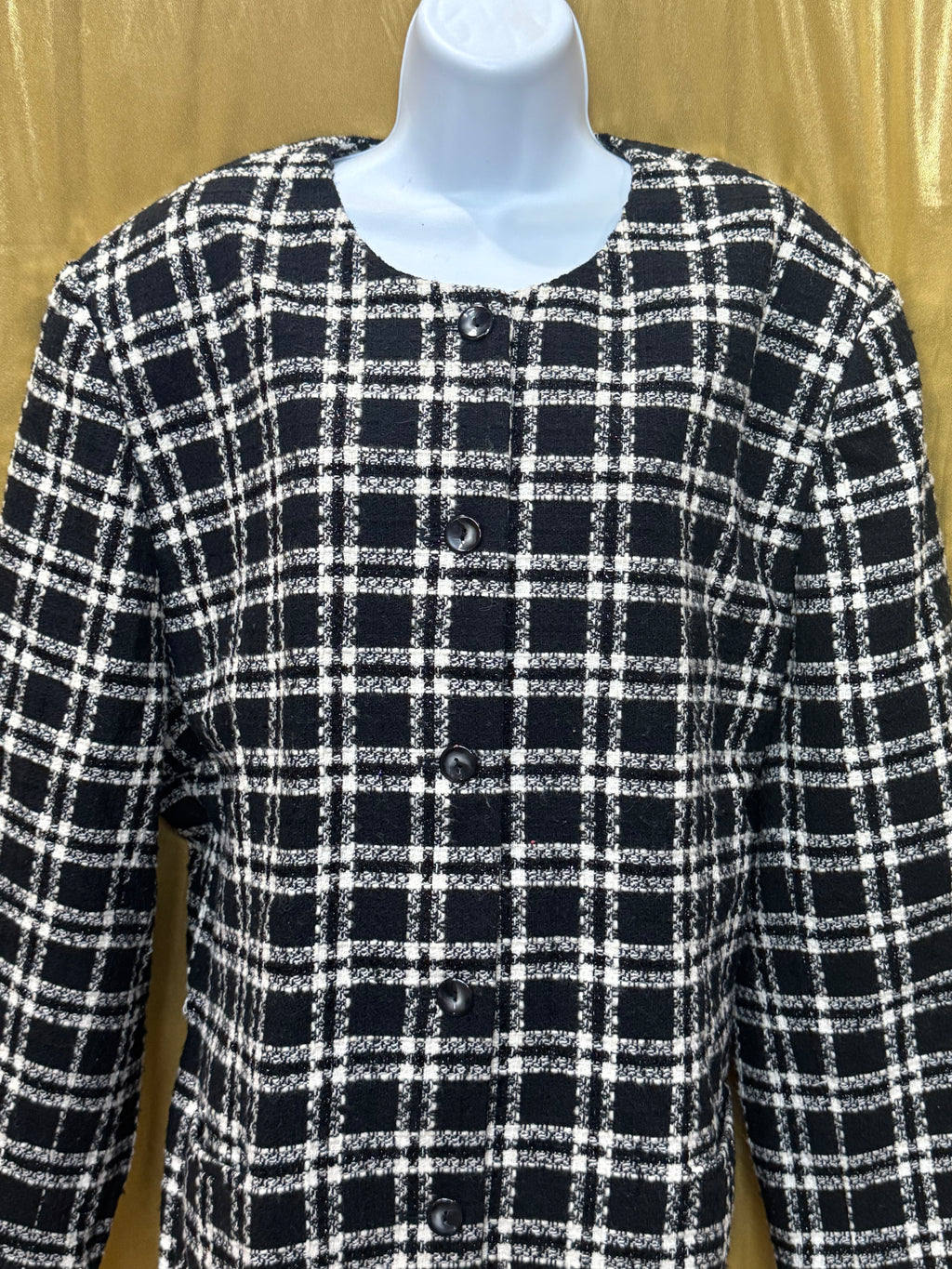 Vintage Joan Leslie Plaid Jacket 24W Black White Wool Blend Button Front With Shoulder Pads