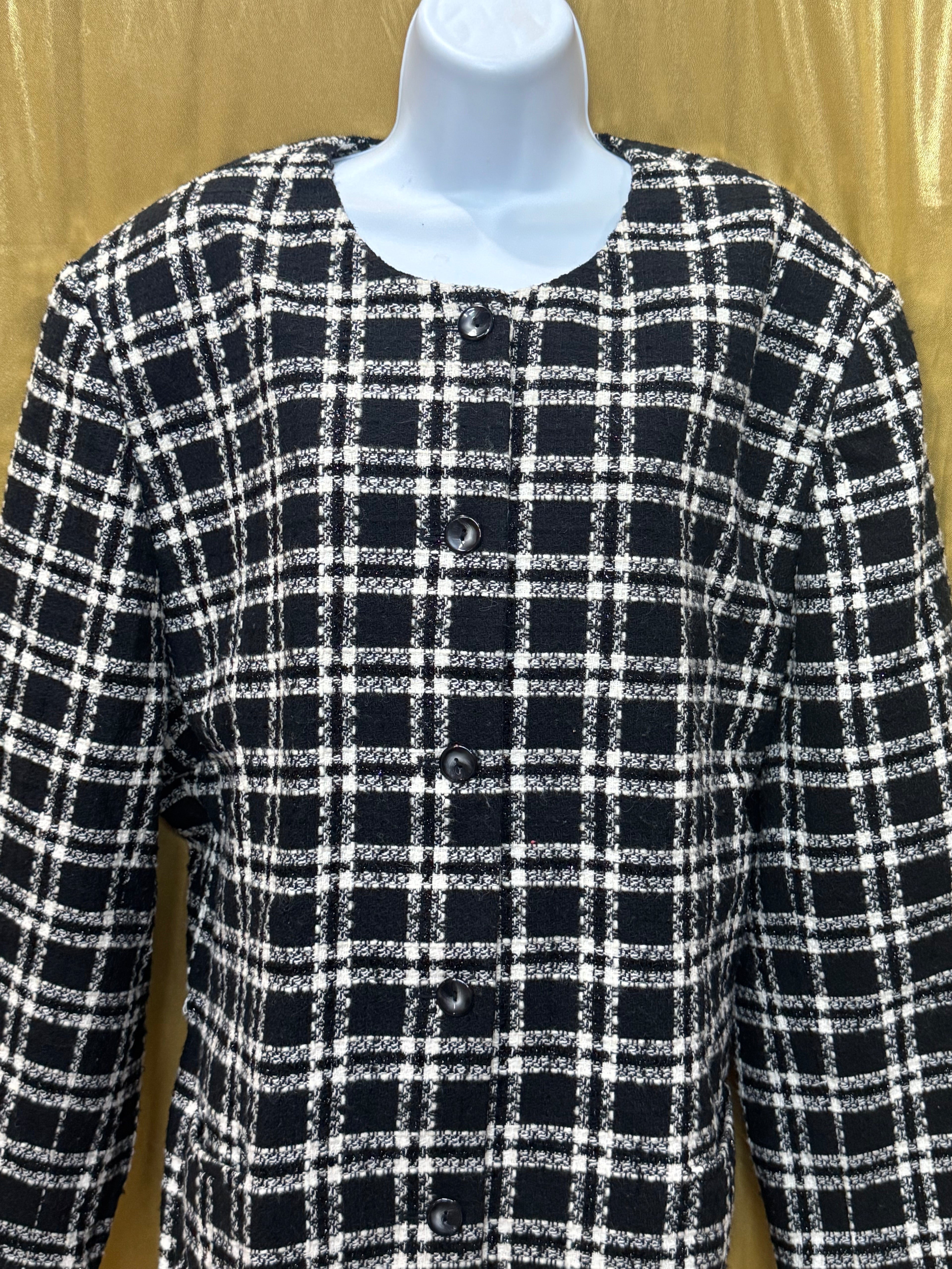 Vintage Joan Leslie Plaid Jacket 24W Black White Wool Blend Button Front With Shoulder Pads