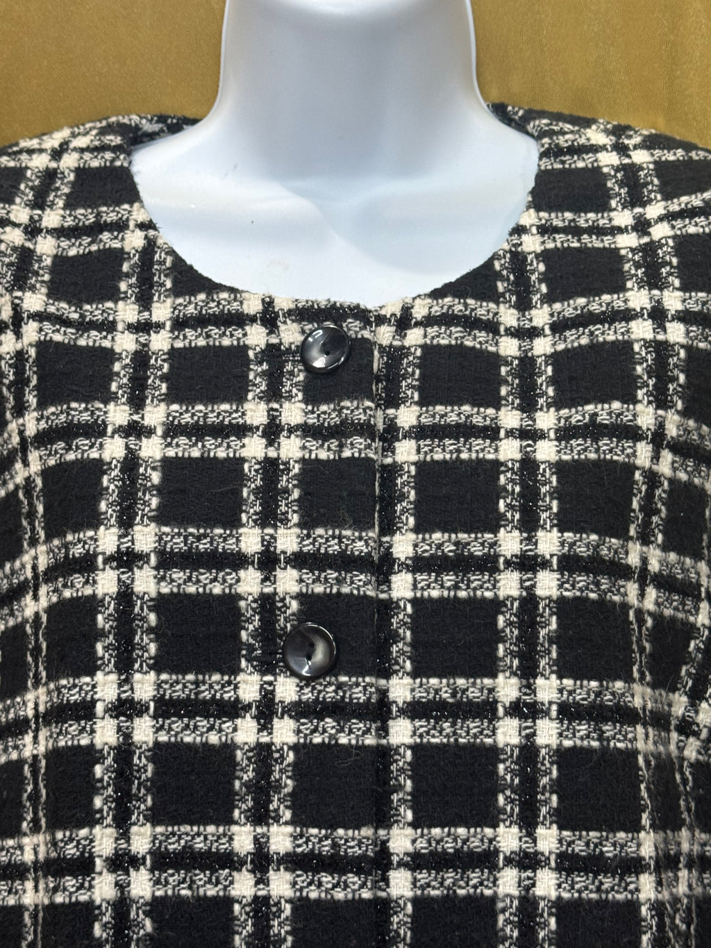 Vintage Joan Leslie Plaid Jacket 24W Black White Wool Blend Button Front With Shoulder Pads