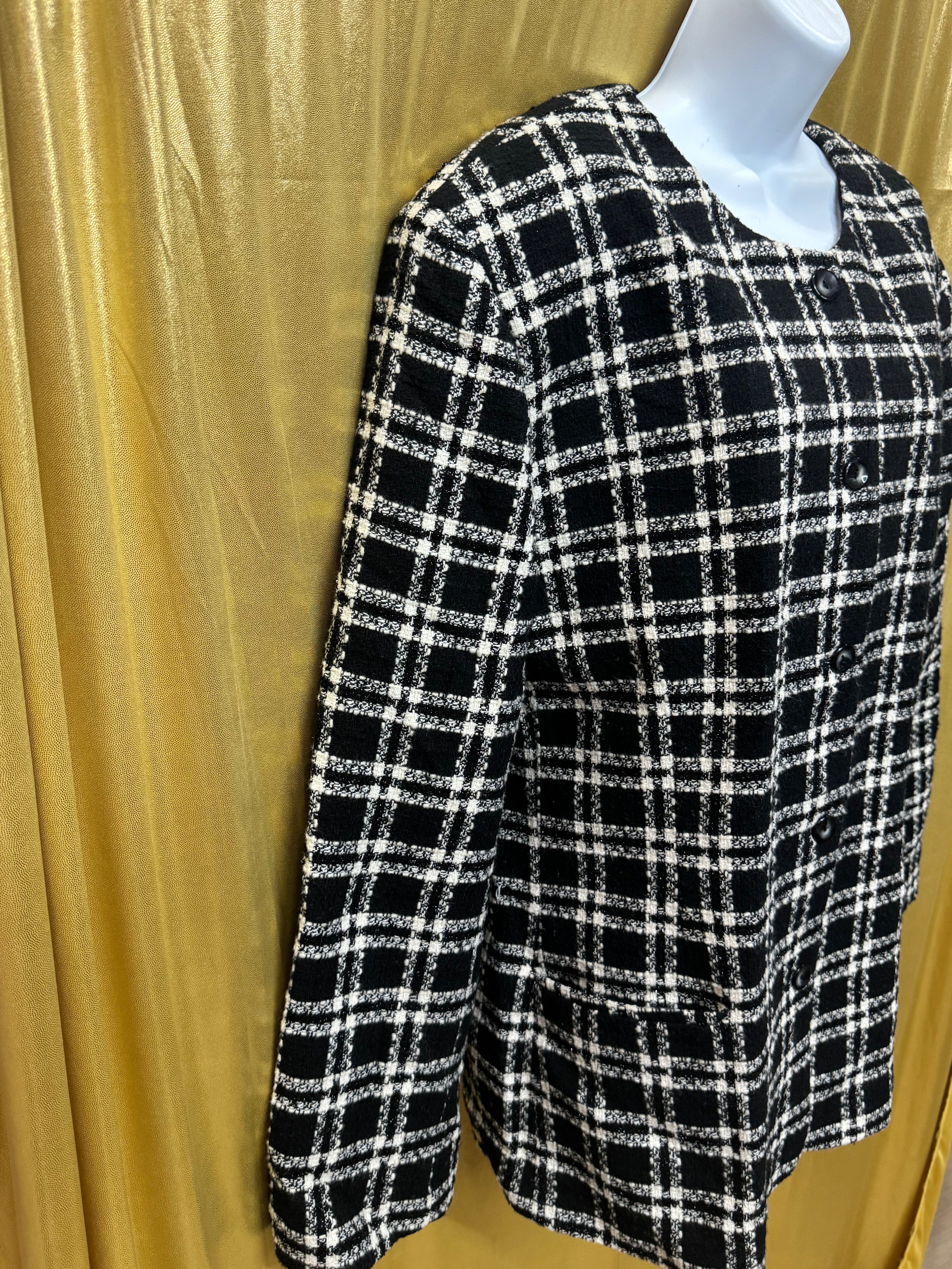Vintage Joan Leslie Plaid Jacket 24W Black White Wool Blend Button Front With Shoulder Pads