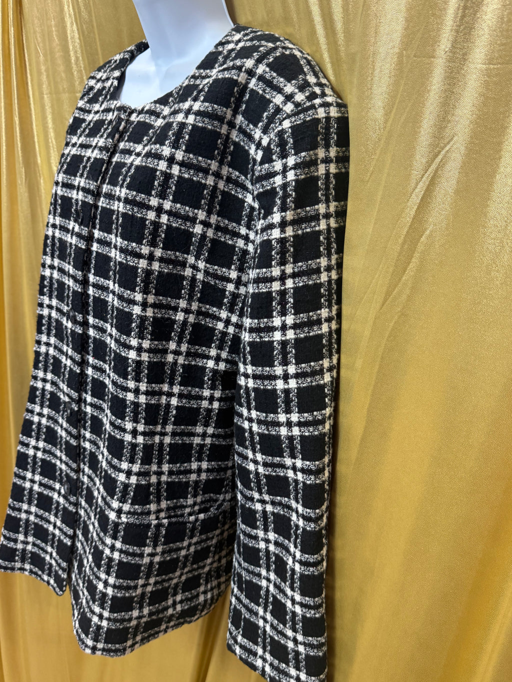 Vintage Joan Leslie Plaid Jacket 24W Black White Wool Blend Button Front With Shoulder Pads