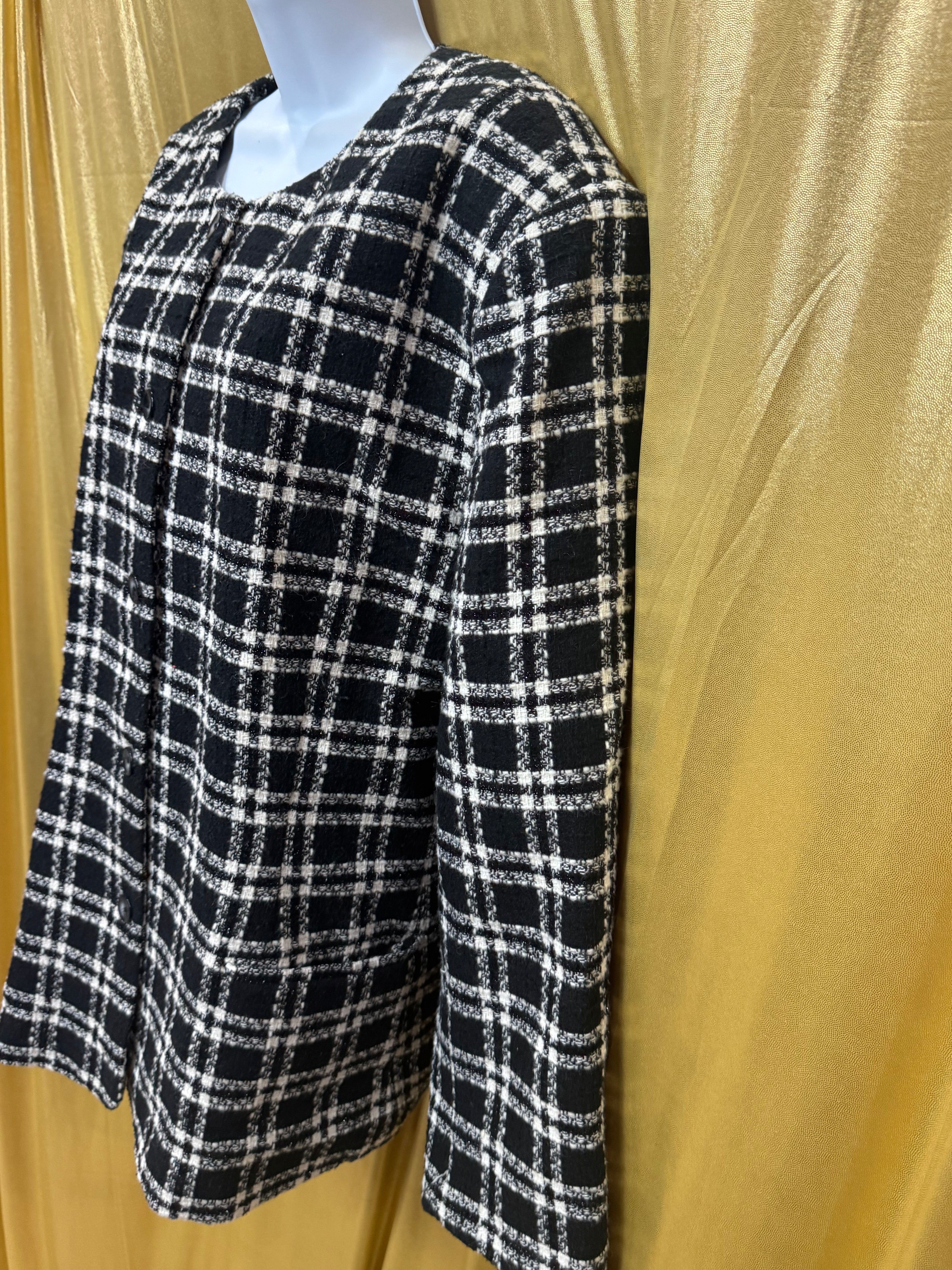 Vintage Joan Leslie Plaid Jacket 24W Black White Wool Blend Button Front With Shoulder Pads