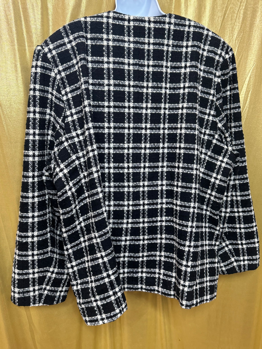 Vintage Joan Leslie Plaid Jacket 24W Black White Wool Blend Button Front With Shoulder Pads