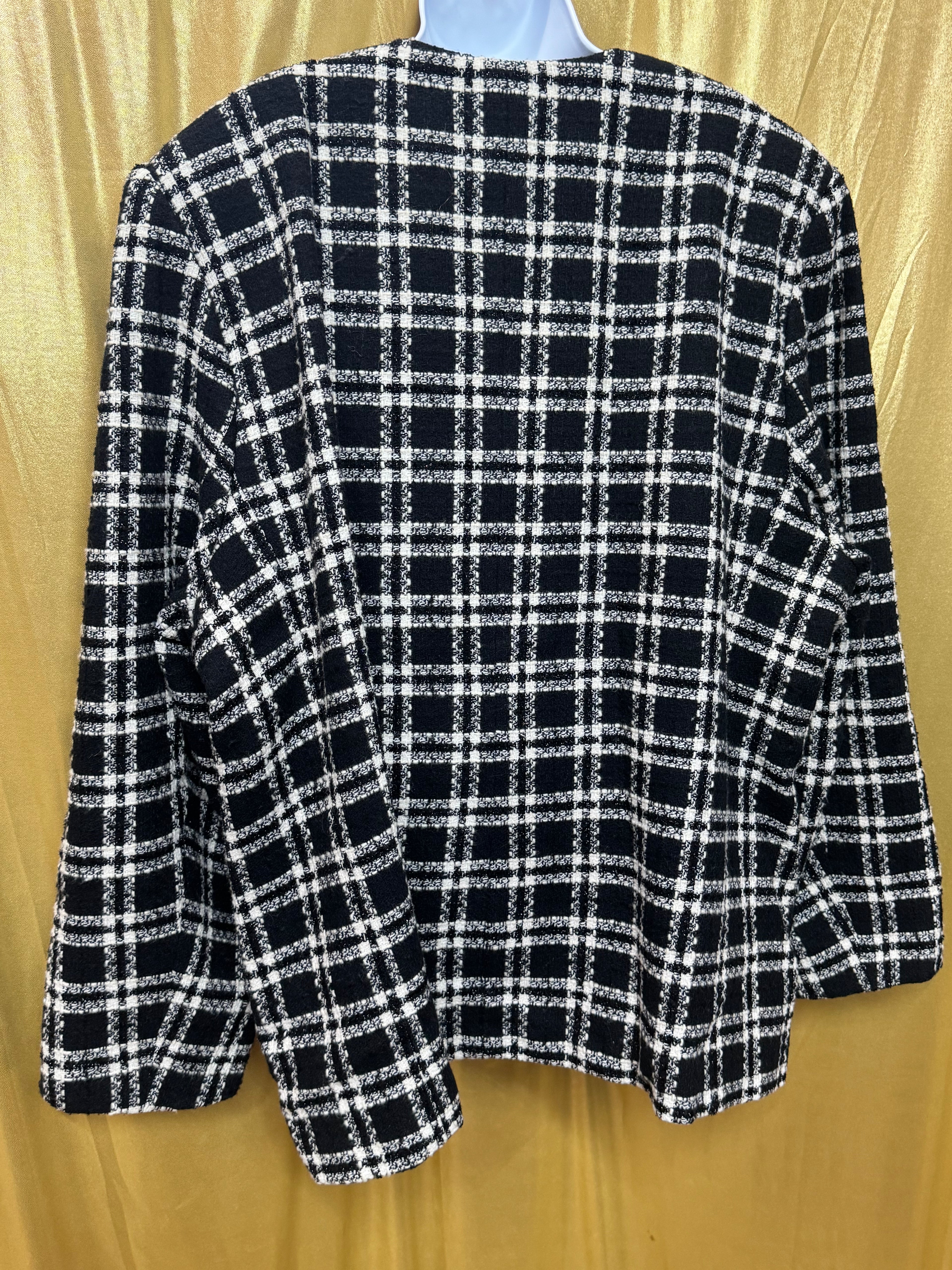 Vintage Joan Leslie Plaid Jacket 24W Black White Wool Blend Button Front With Shoulder Pads