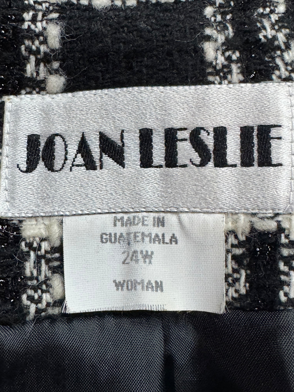 Vintage Joan Leslie Plaid Jacket 24W Black White Wool Blend Button Front With Shoulder Pads