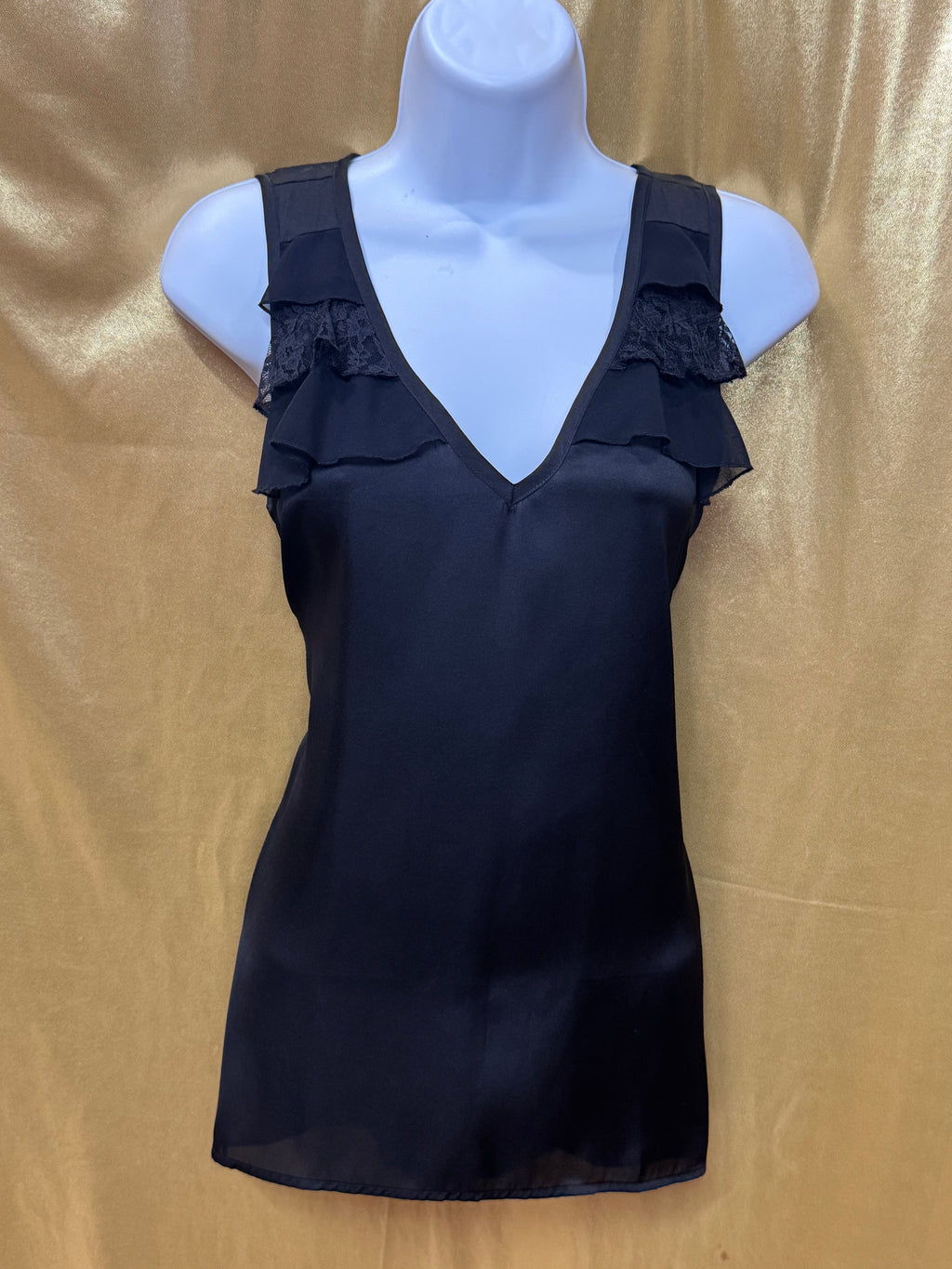 Design History Black V-Neck Ruffle Lace Trim Sleeveless Blouse Tank Top Size M