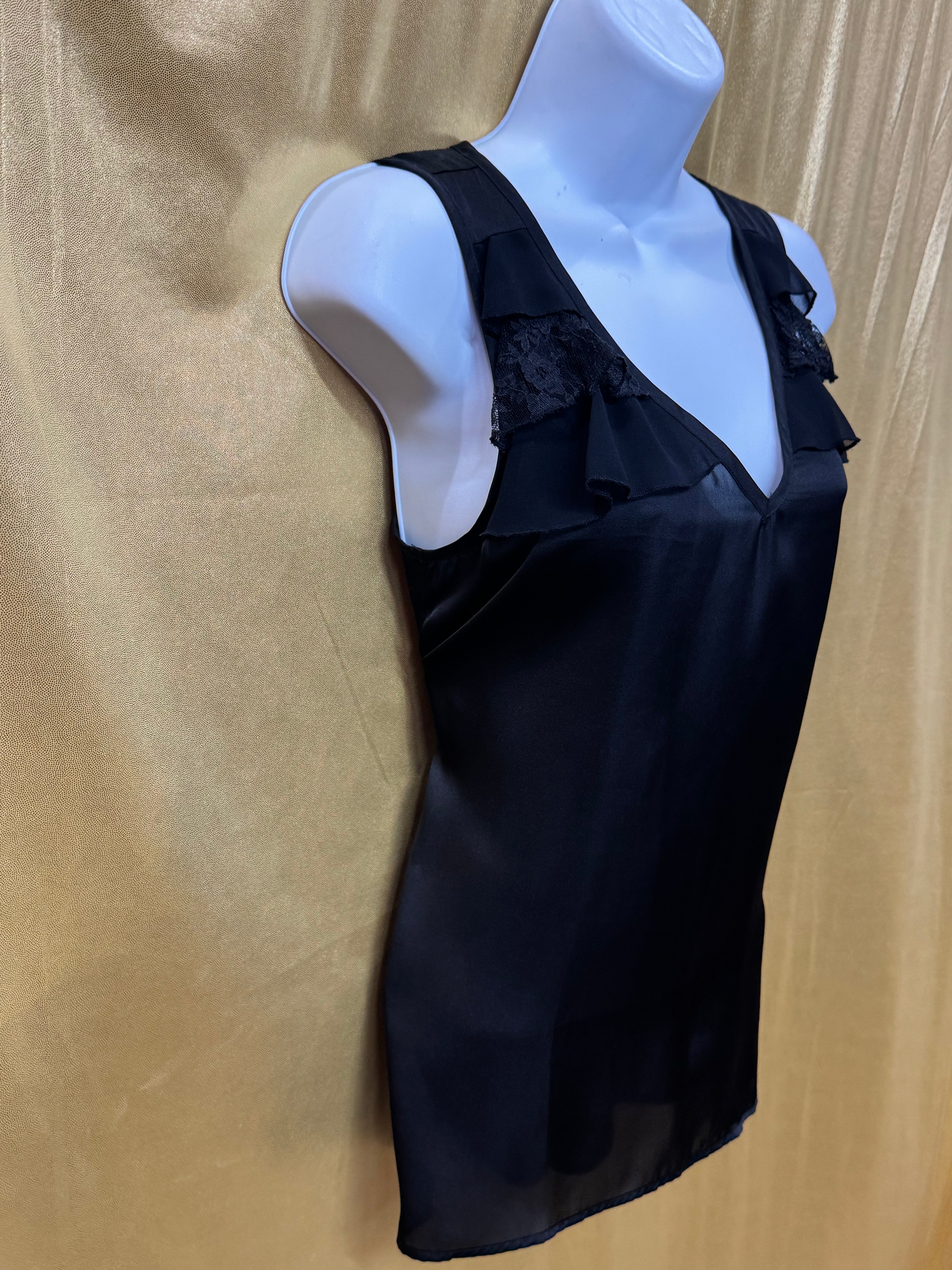 Design History Black V-Neck Ruffle Lace Trim Sleeveless Blouse Tank Top Size M