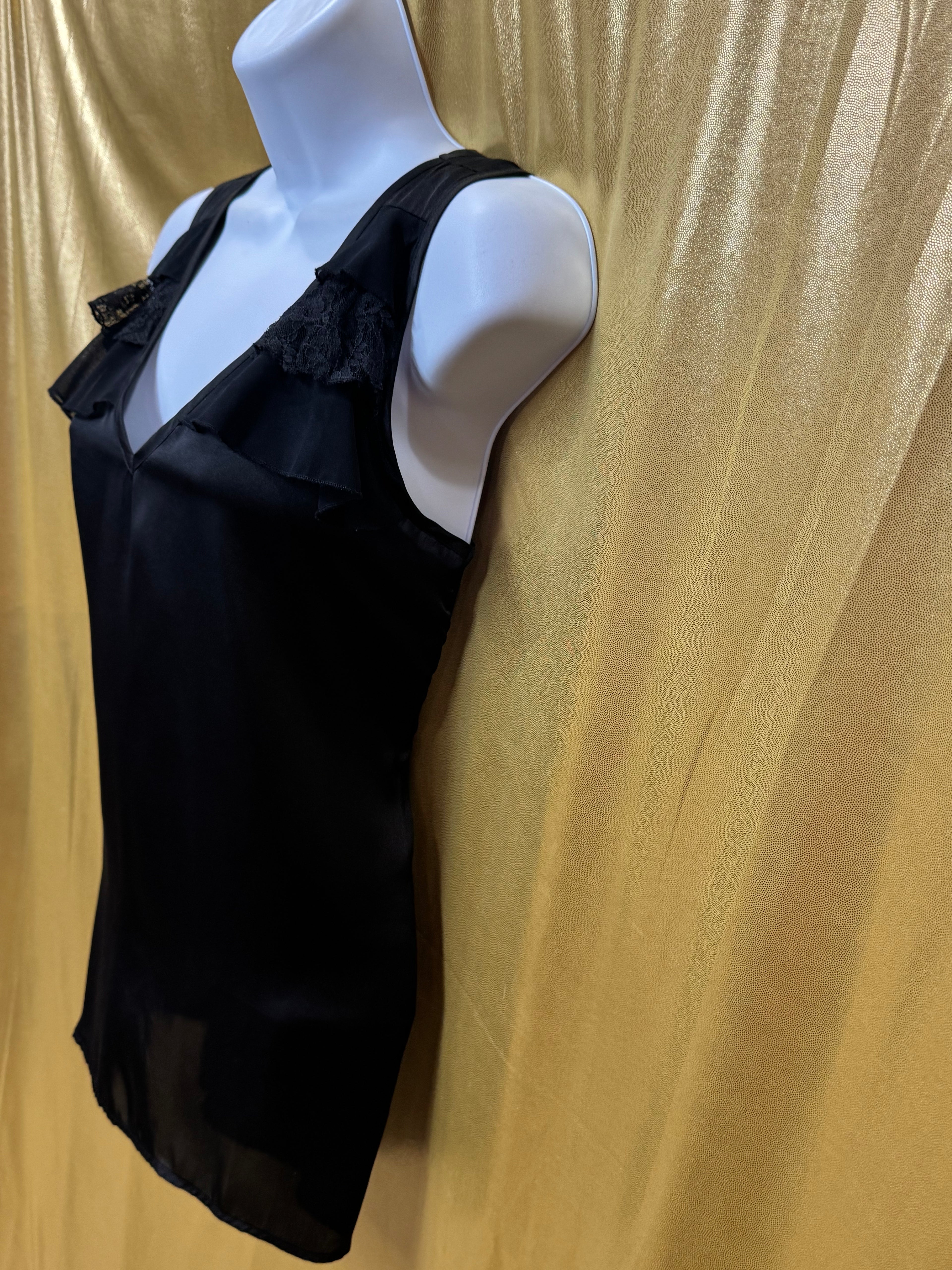 Design History Black V-Neck Ruffle Lace Trim Sleeveless Blouse Tank Top Size M