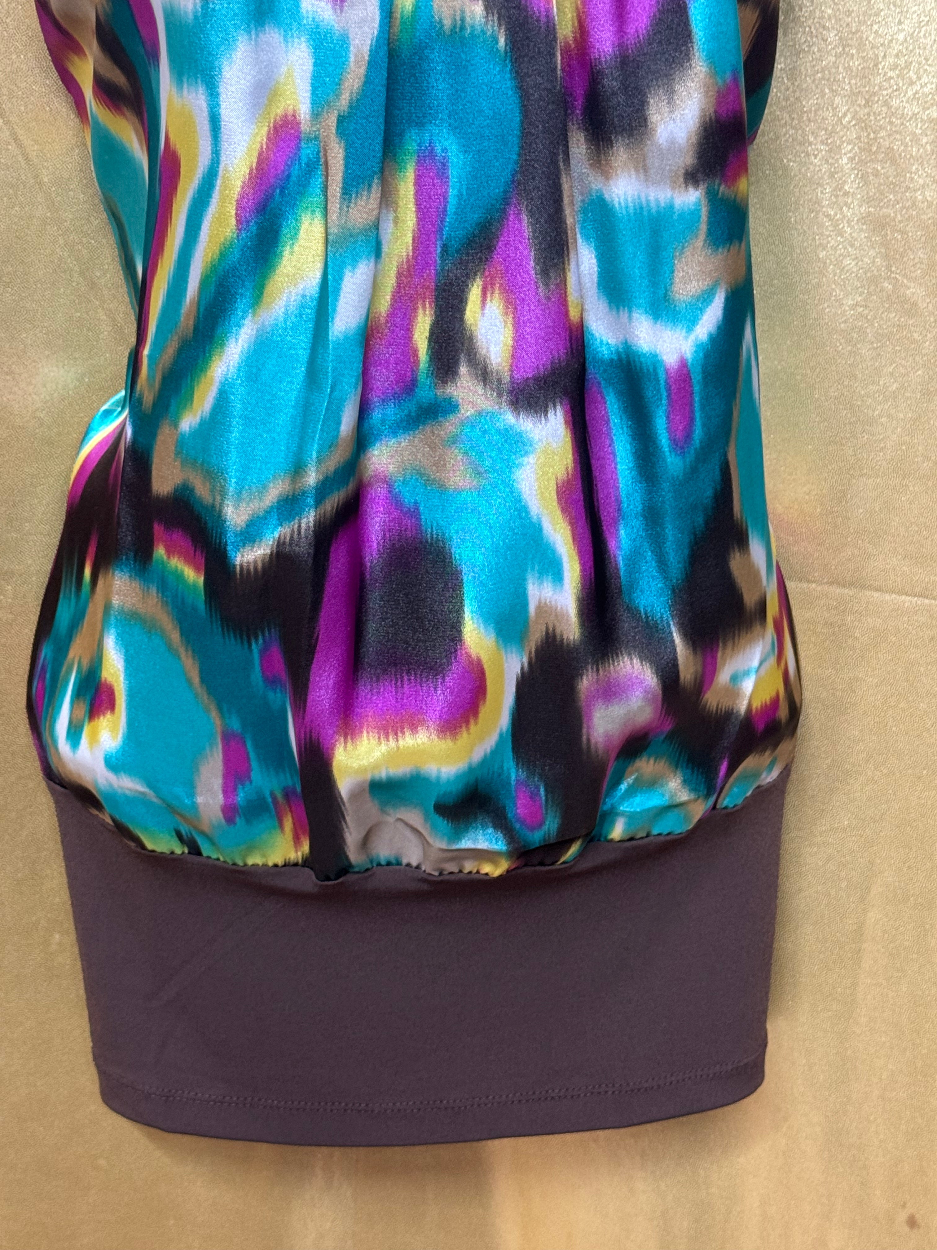 BCX Abstract Ikat Sleeveless Top Medium Brown Teal Purple Y2K Blouson Hem
