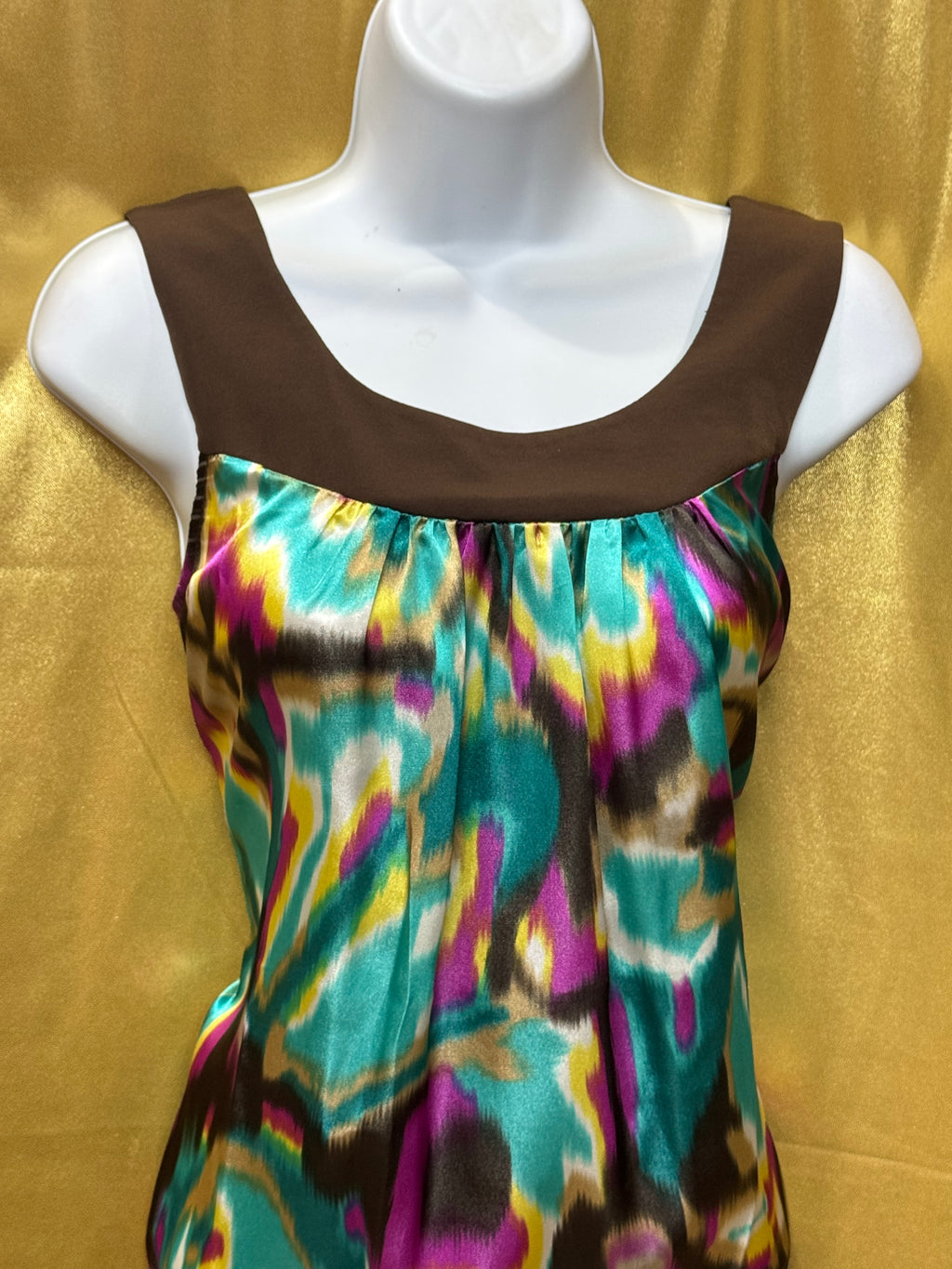 BCX Abstract Ikat Sleeveless Top Medium Brown Teal Purple Y2K Blouson Hem