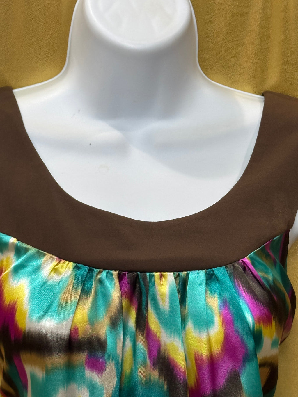 BCX Abstract Ikat Sleeveless Top Medium Brown Teal Purple Y2K Blouson Hem