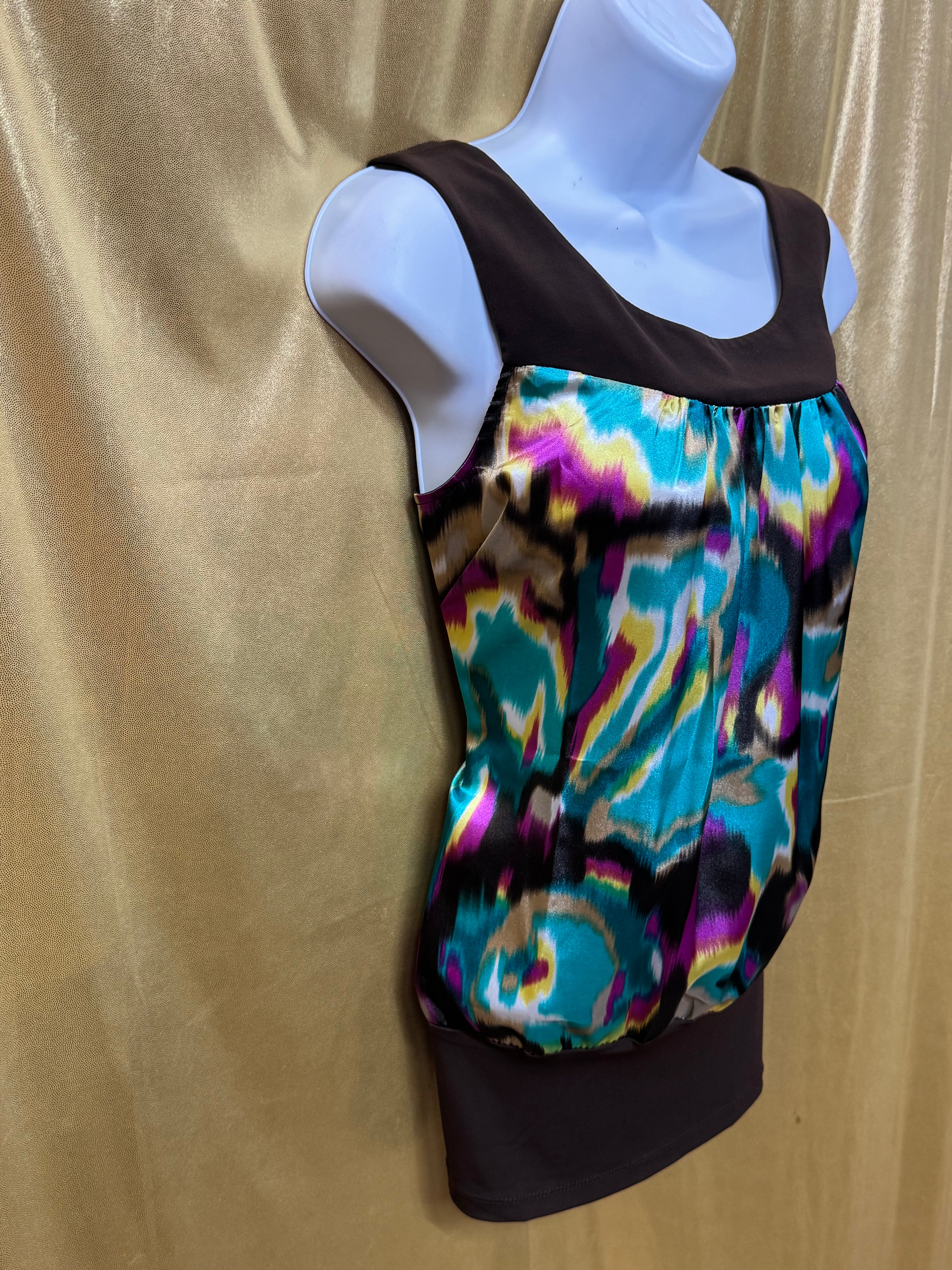 BCX Abstract Ikat Sleeveless Top Medium Brown Teal Purple Y2K Blouson Hem